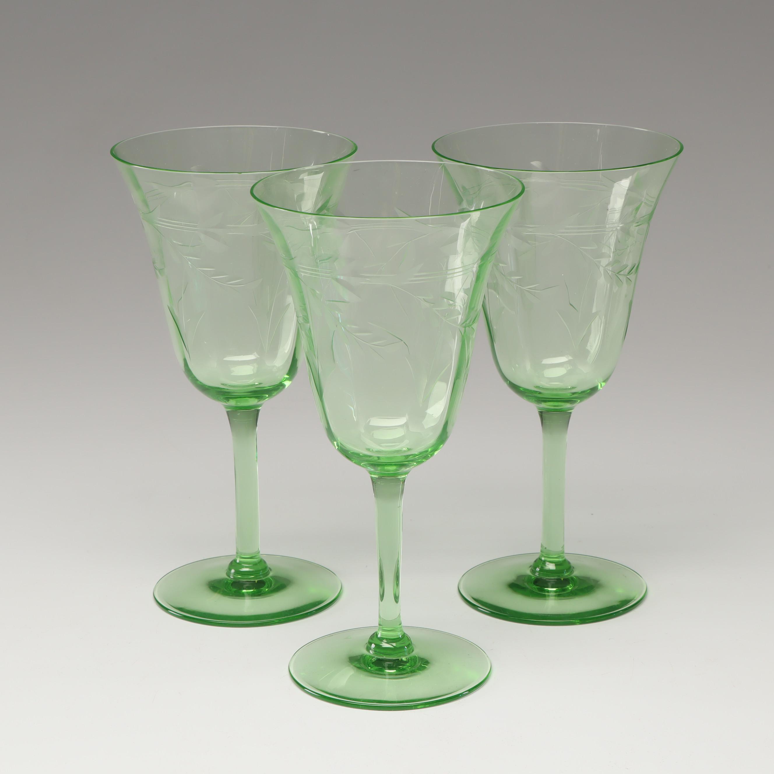 Etched Green Depression Glass Stemware, Set of Six EBTH