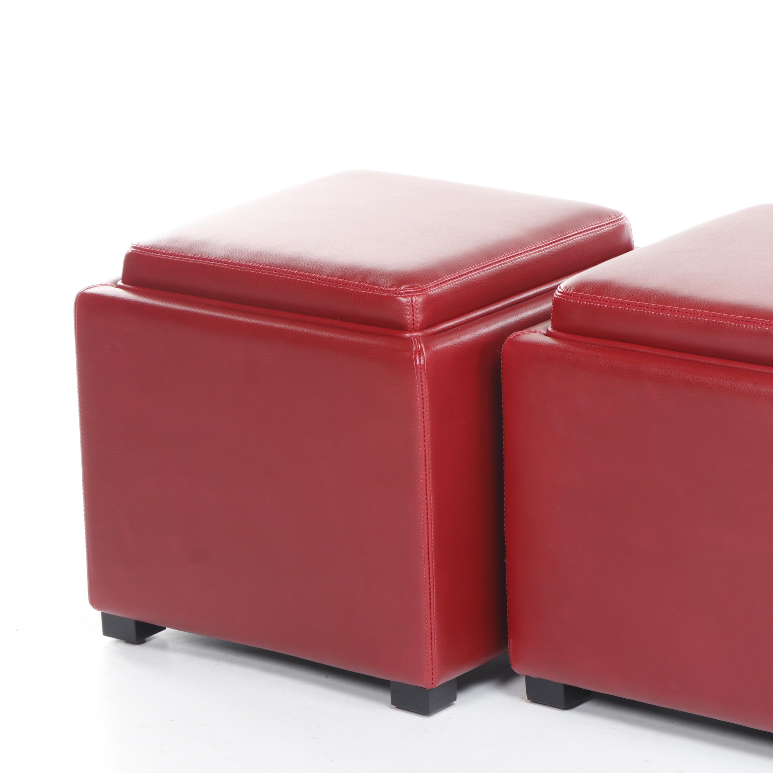 Pair of Crate & Barrel Red Leather Storage Ottomans EBTH