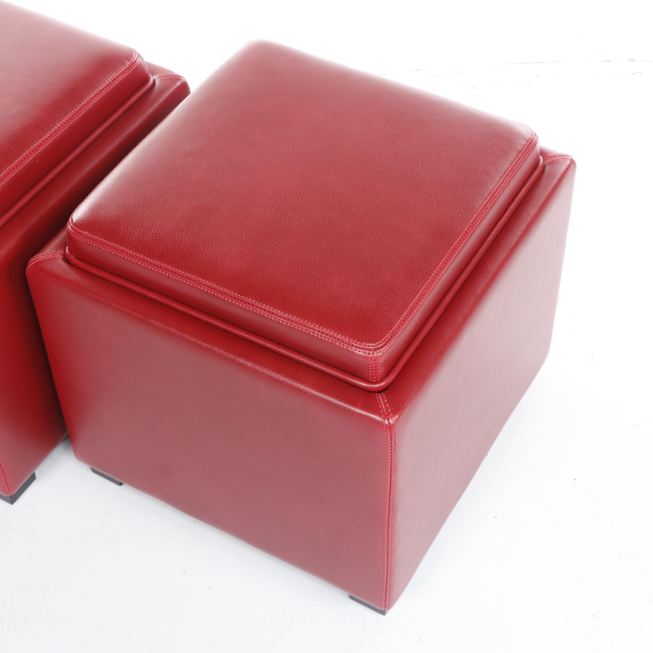 Pair of Crate & Barrel Red Leather Storage Ottomans EBTH