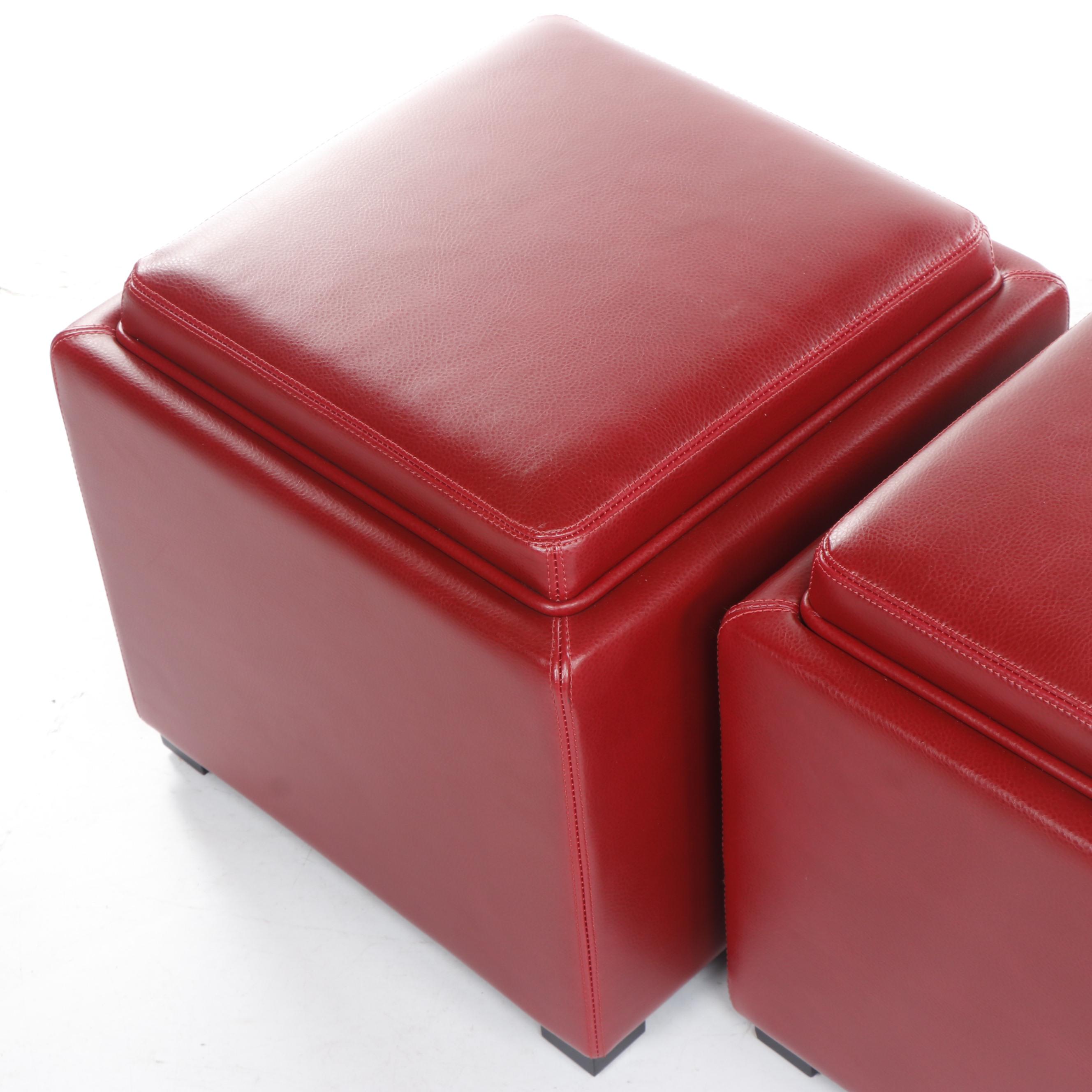 Pair of Crate & Barrel Red Leather Storage Ottomans EBTH