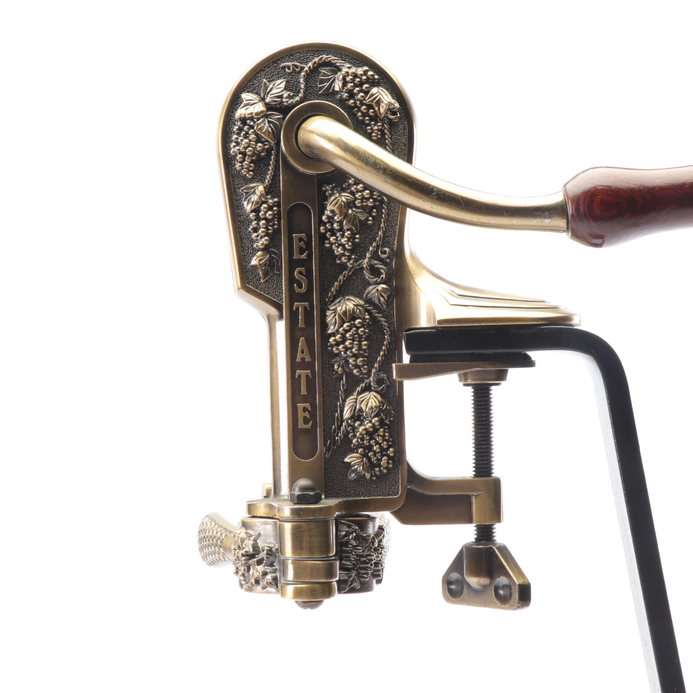 Estate Brass Wine Opener Corkscrew with Cast Iron and Wooden Stand EBTH