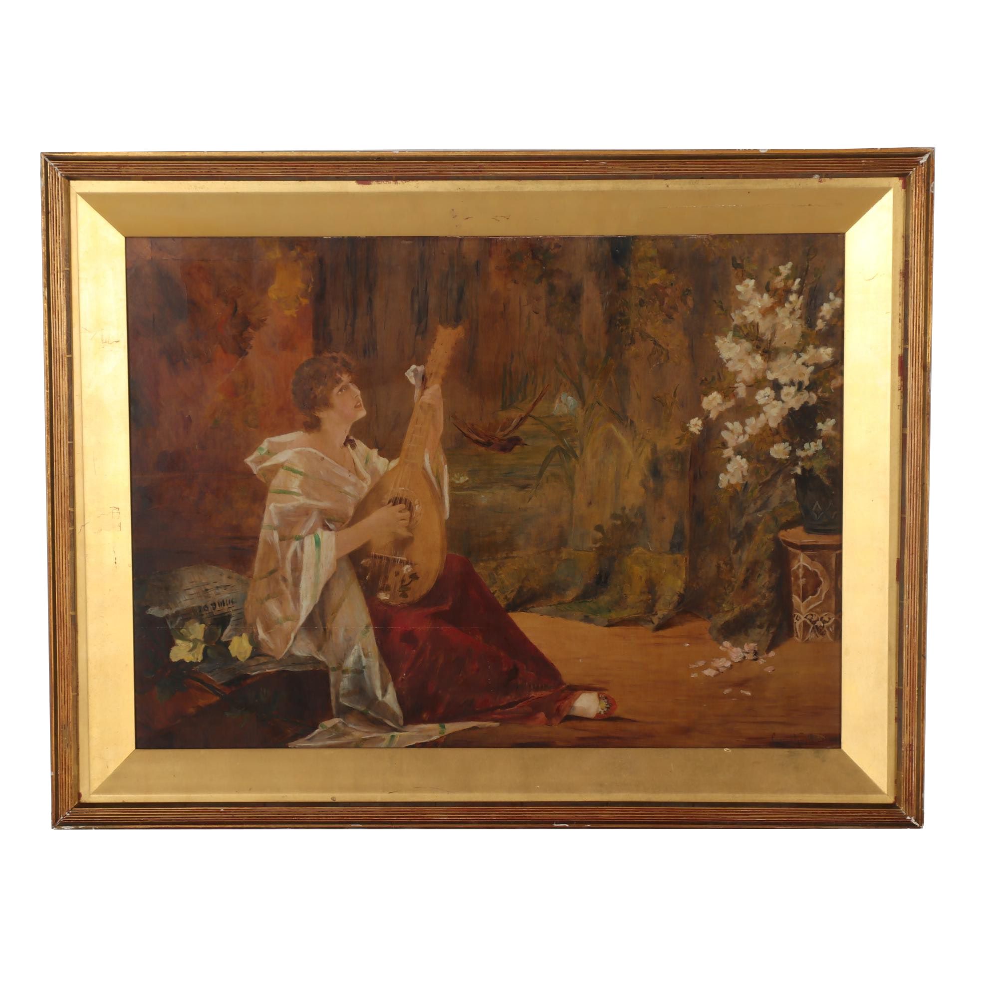 Conrad Kiesel Oil Painting of Lute Player, Circa 1897 EBTH