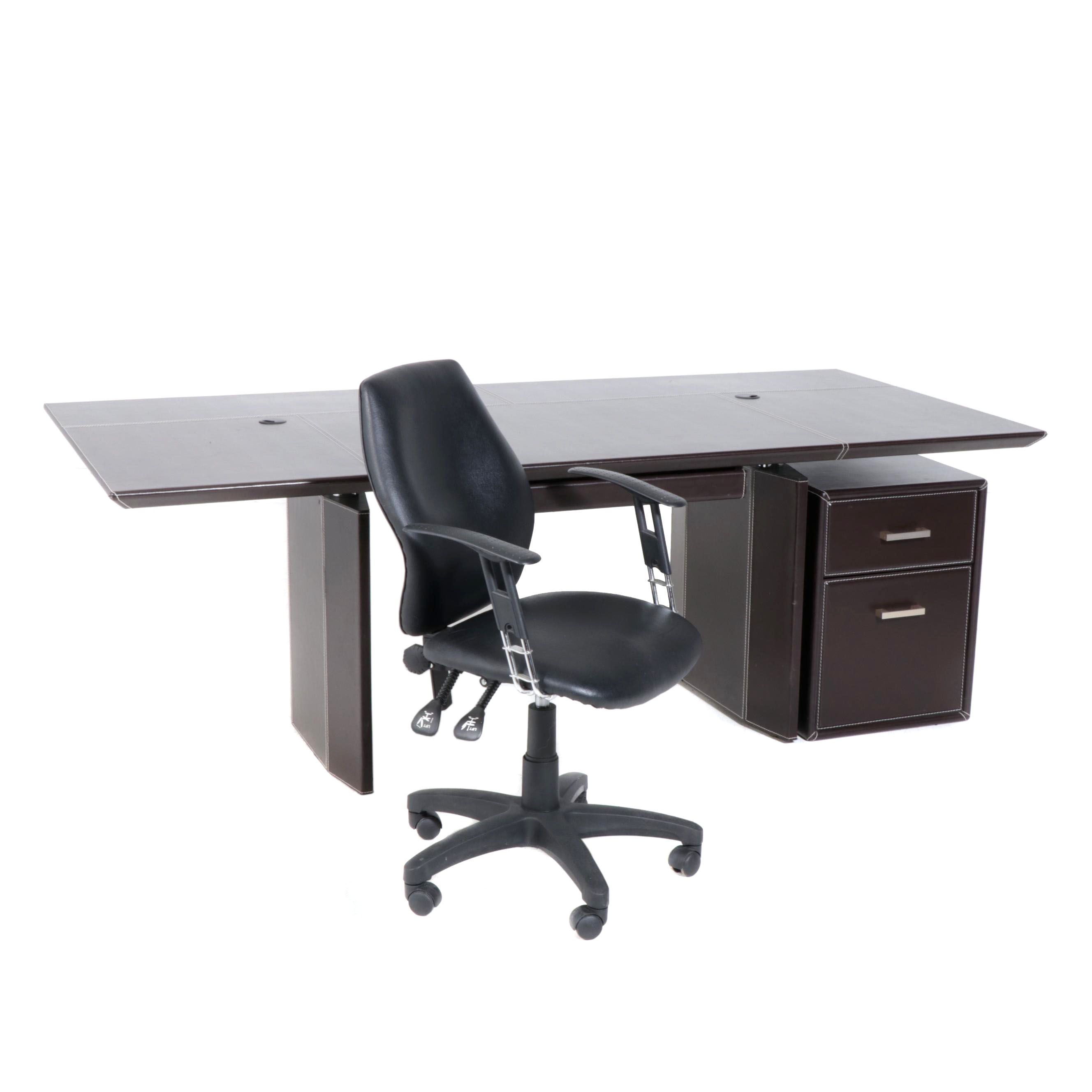 Contemporary Faux Leather Covered Executive Desk With Drawer Unit