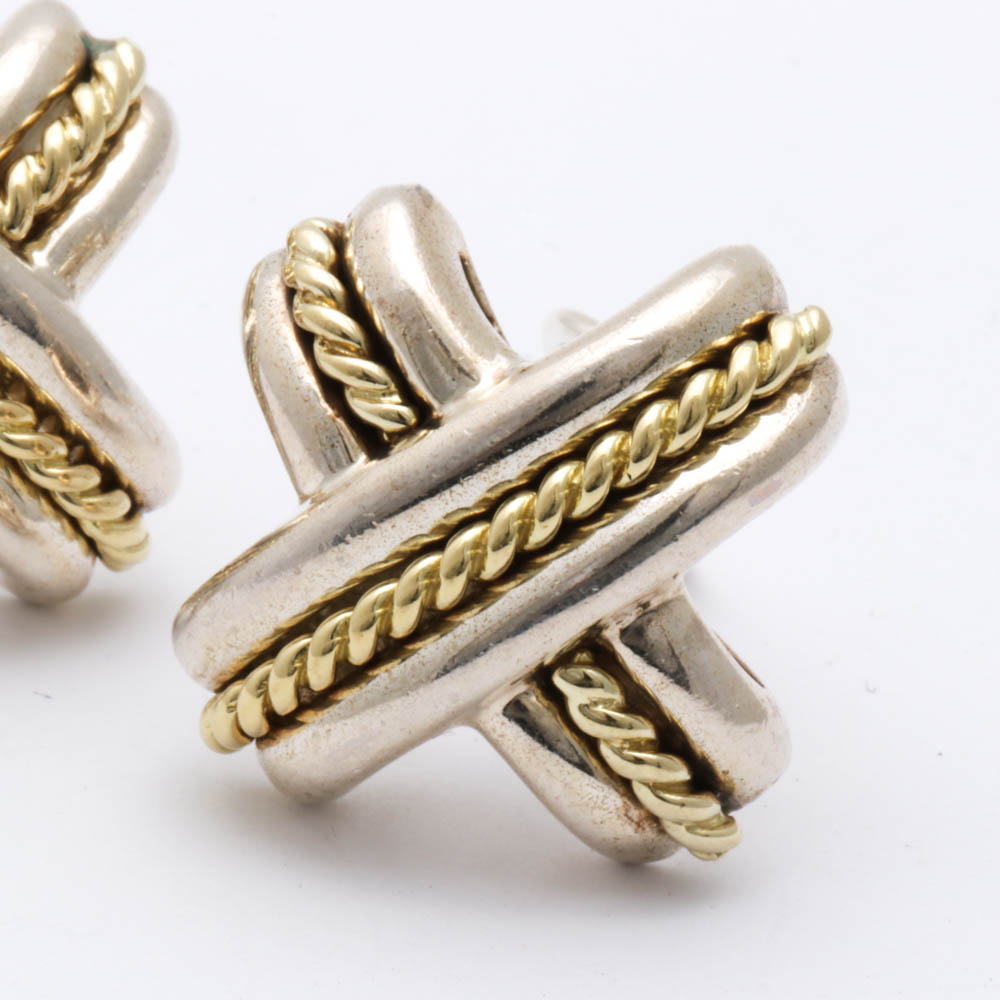Tiffany & Co. 18K Yellow Gold Accented Sterling Silver "X" Earrings, 1990 EBTH