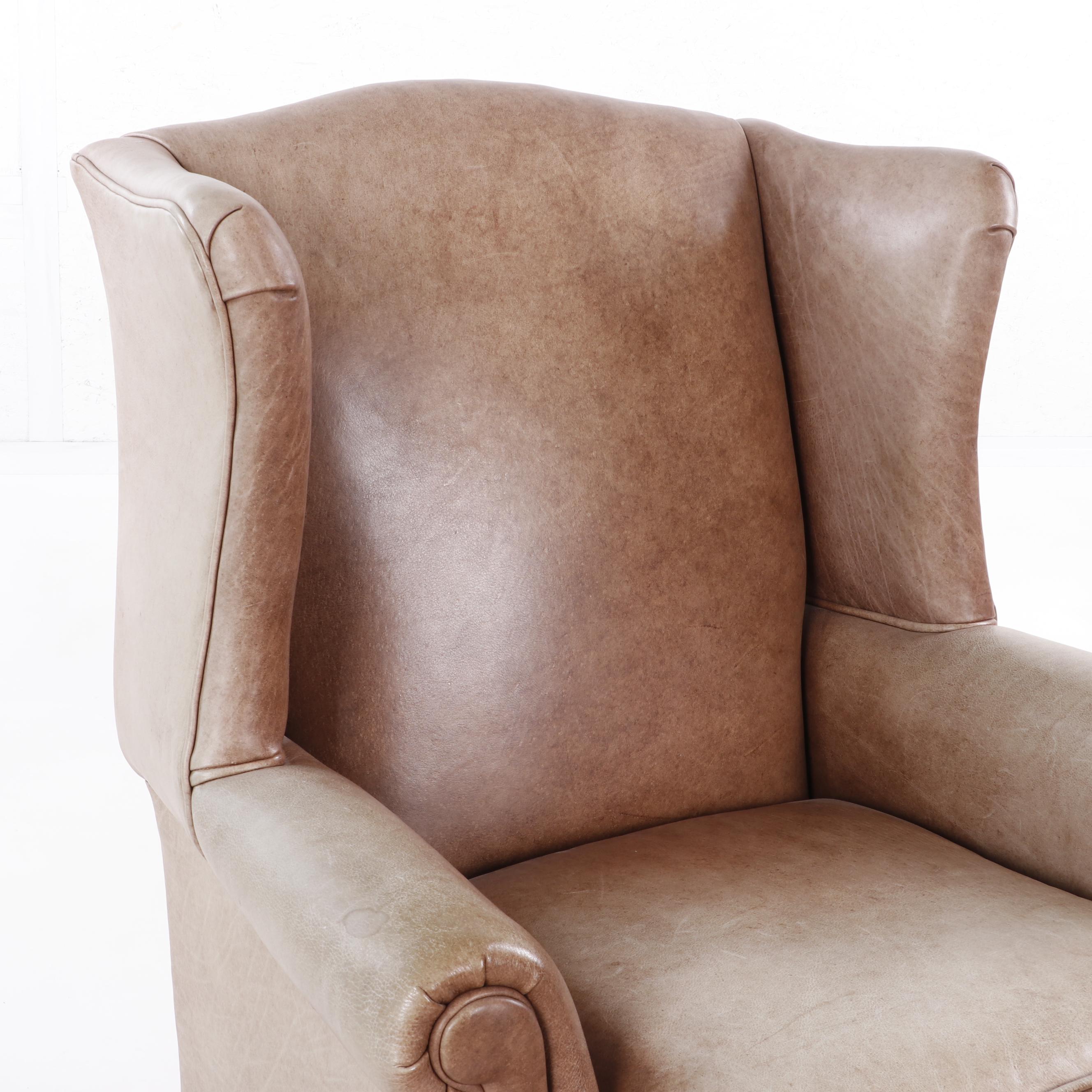 Ethan Allen Leather Upholstered Wingback Chair with Ottoman