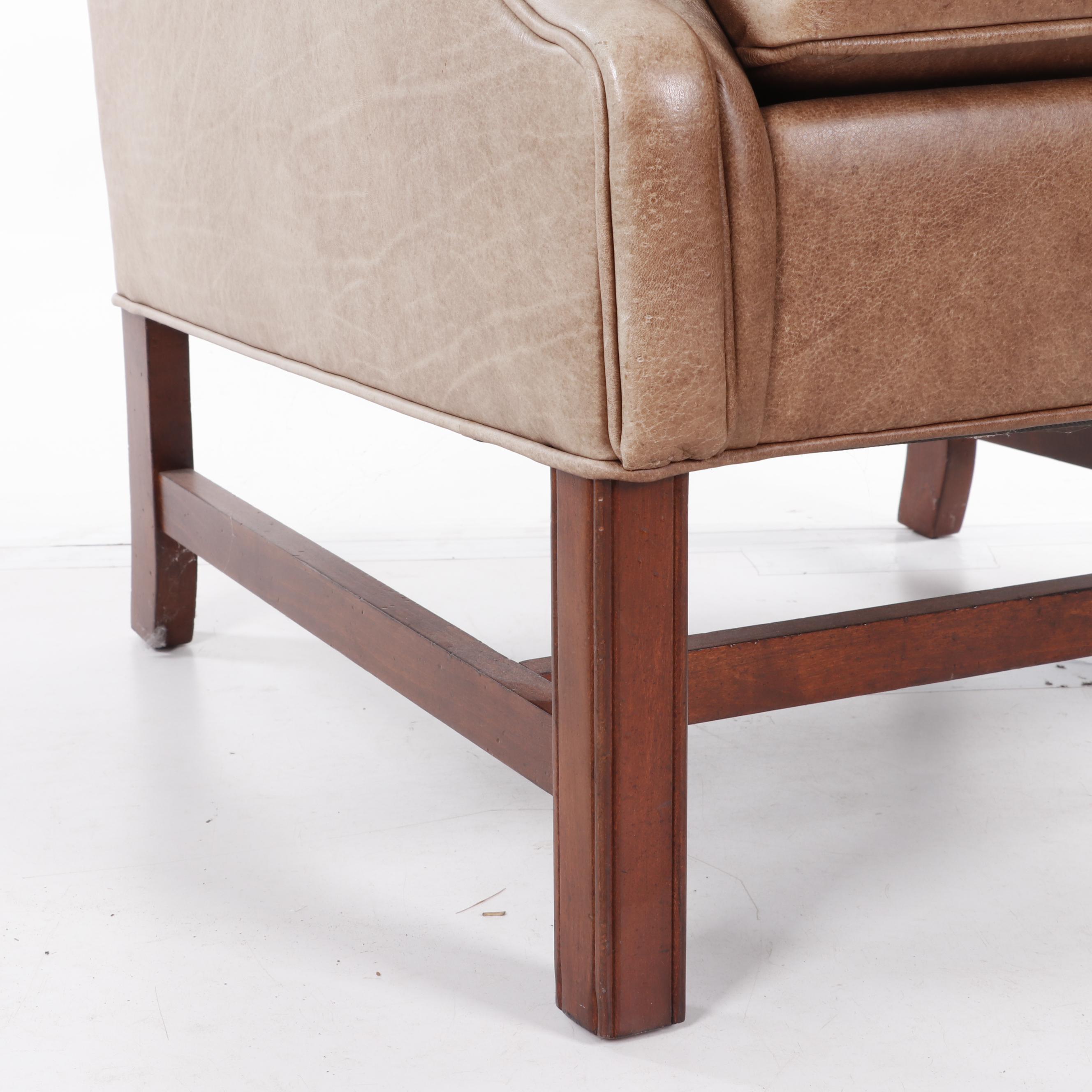 Ethan Allen Leather Upholstered Wingback Chair with Ottoman