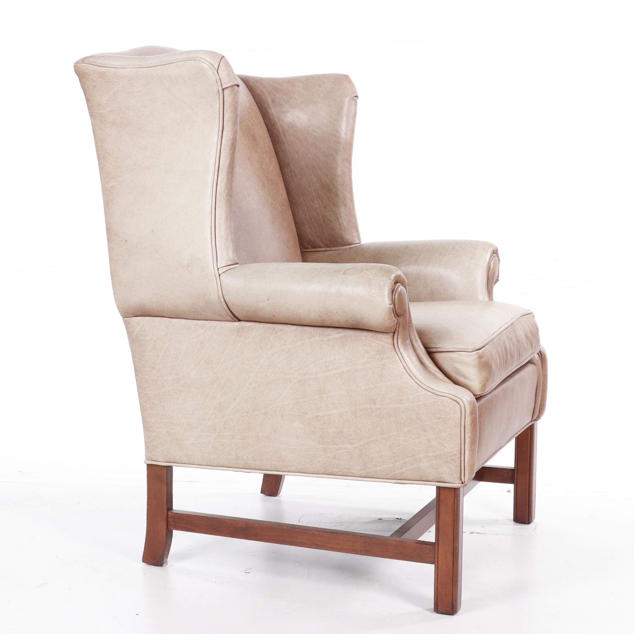 Ethan Allen Leather Upholstered Wingback Chair with Ottoman