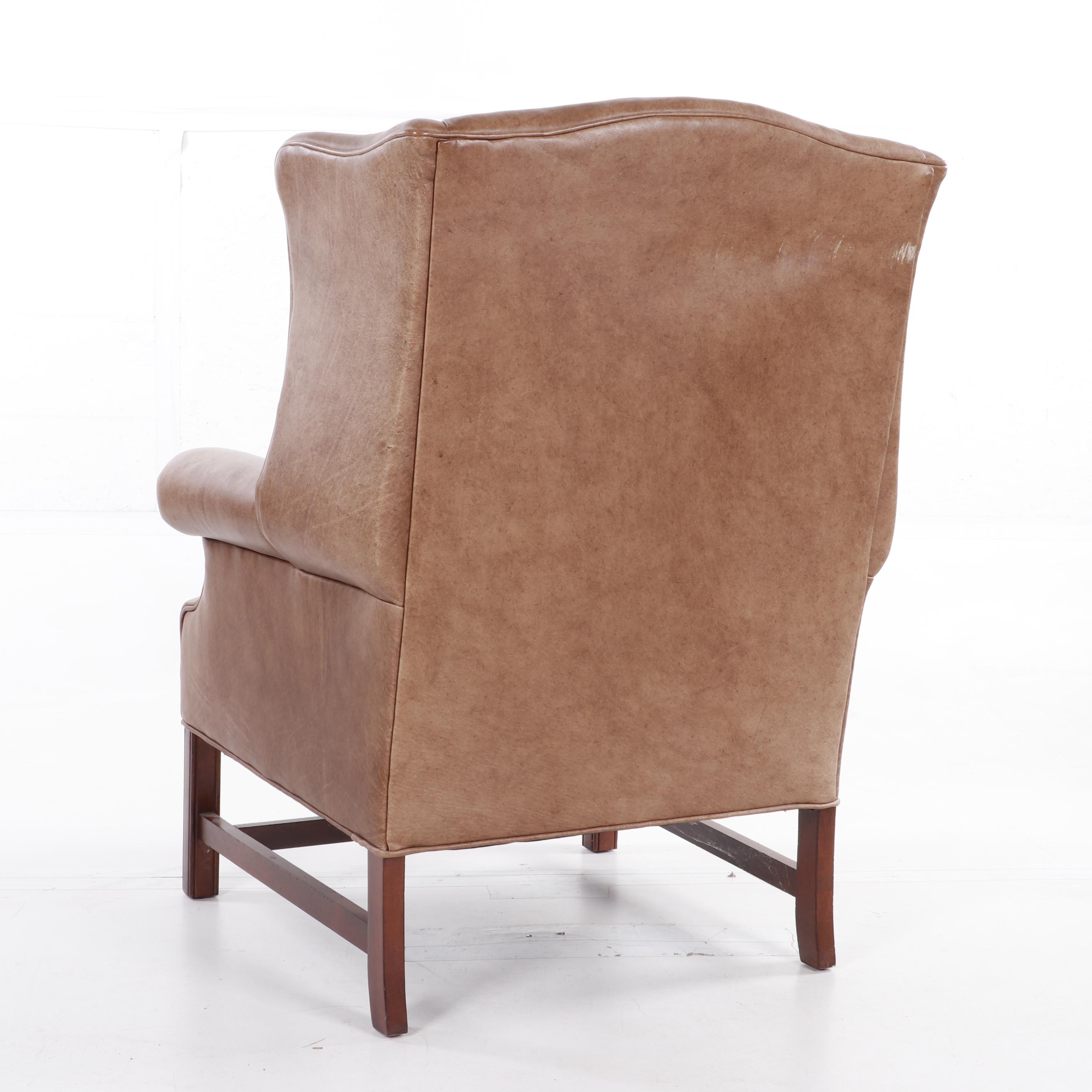 Ethan Allen Leather Upholstered Wingback Chair with Ottoman