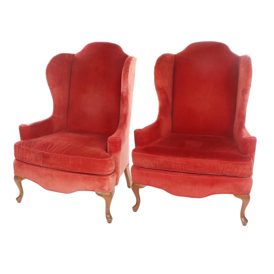 Pair Of John M Smyth Queen Anne Style Red Corduroy Upholstered