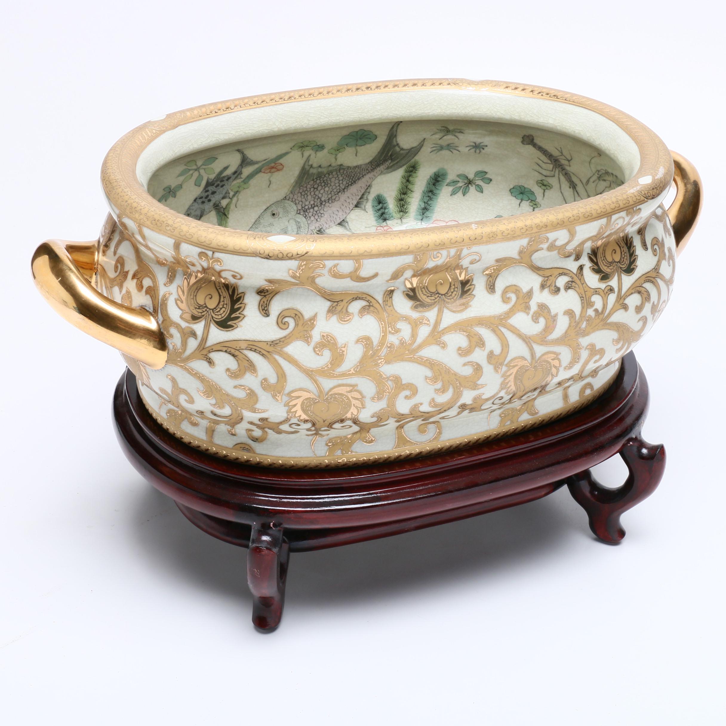 Chinese Fish Bowl Foot Bath on Carved Stand EBTH