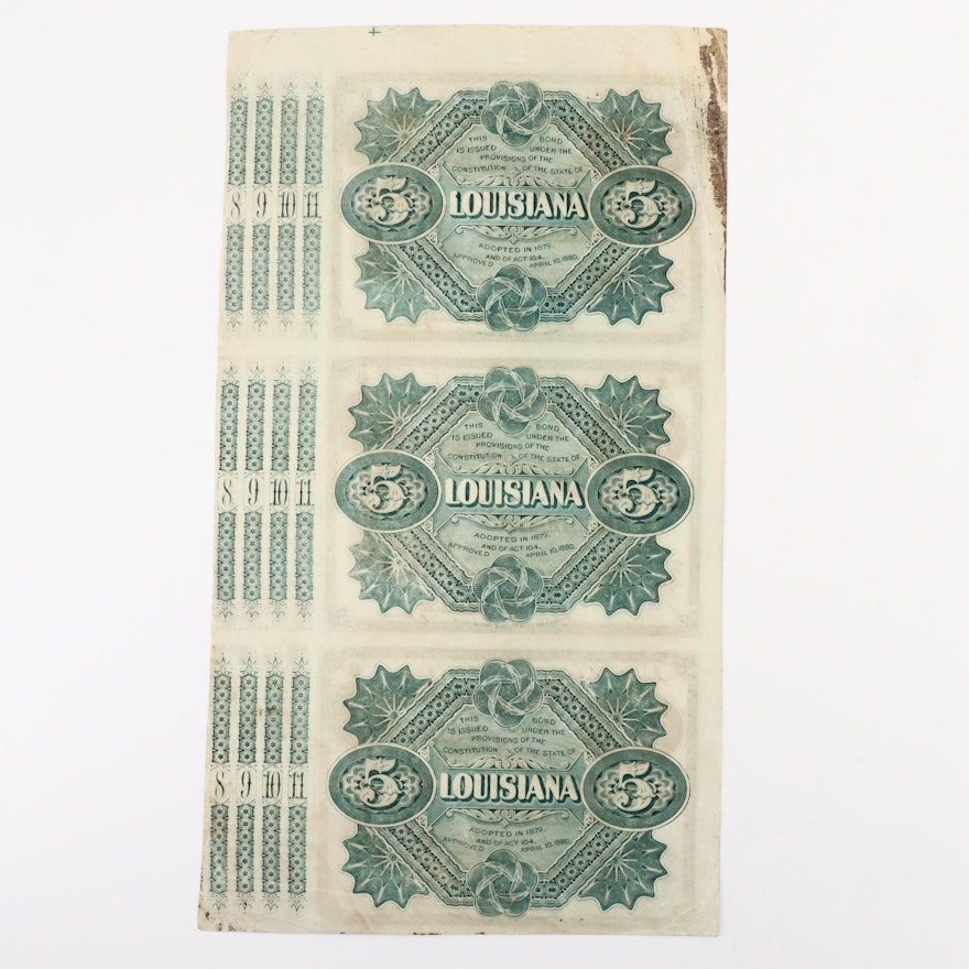 Three Uncut 1875 State of Louisiana $5 Bonds with Coupons | EBTH