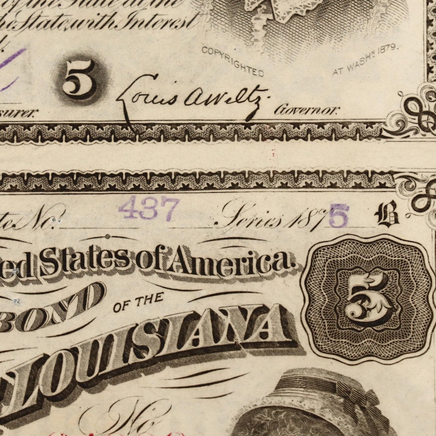 Three Uncut 1875 State of Louisiana $5 Bonds with Coupons | EBTH