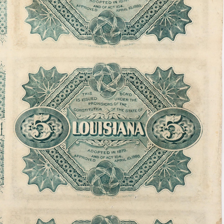 Three Uncut 1874 State of Louisiana $5 Bonds with Coupons | EBTH