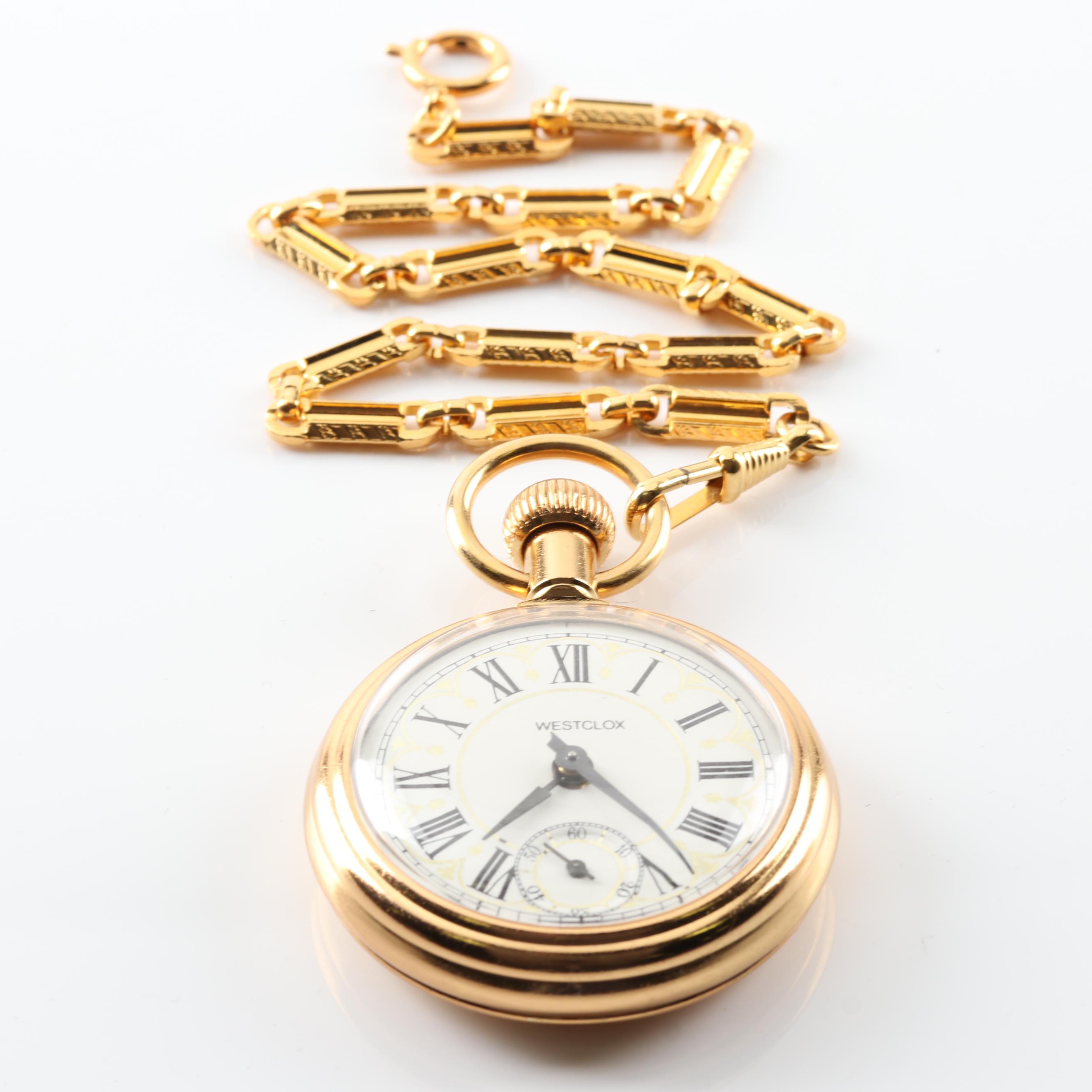 Gold Tone Westclox "The Conductor" Pocket Watch with Engraved Train EBTH