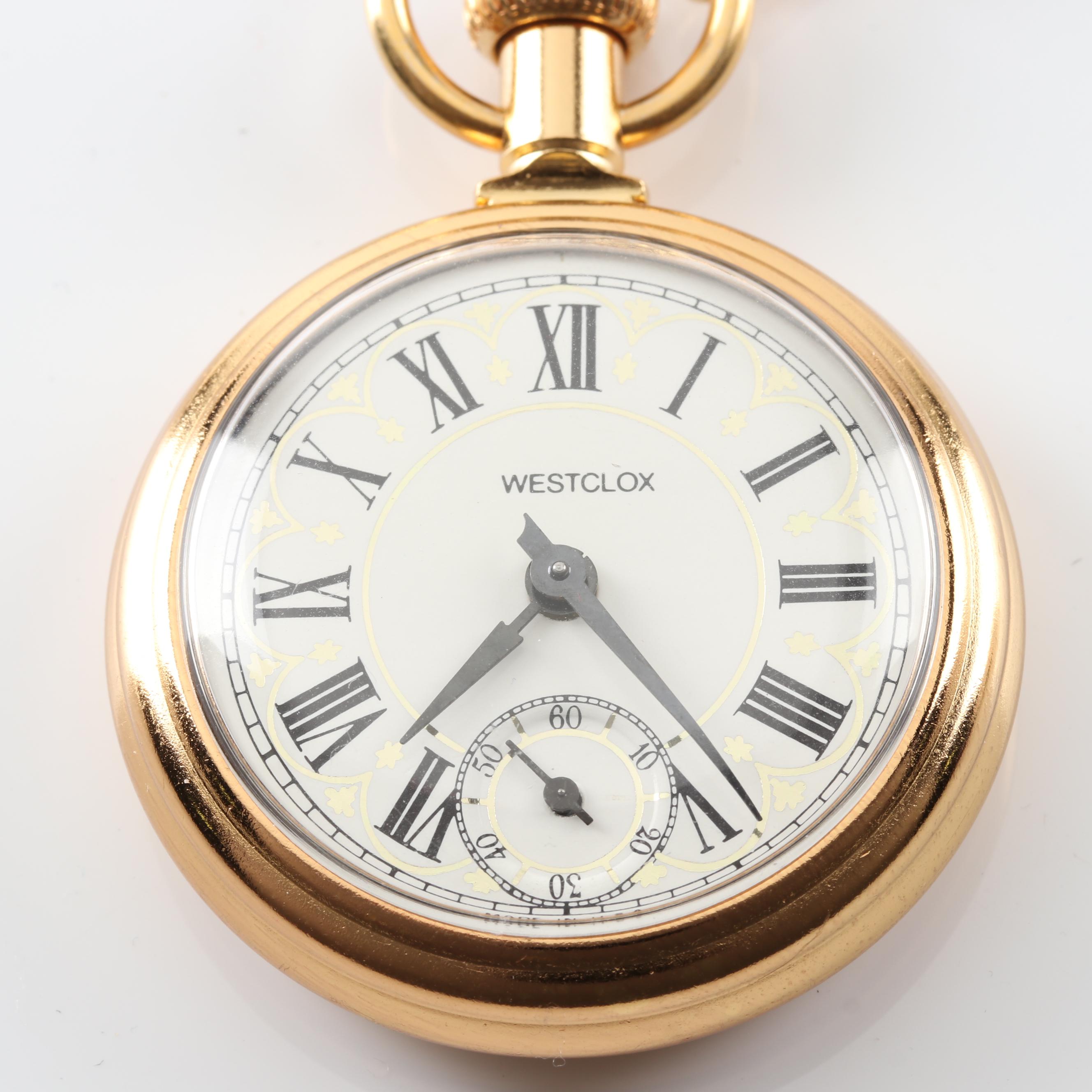 Gold Tone Westclox "The Conductor" Pocket Watch with Engraved Train EBTH