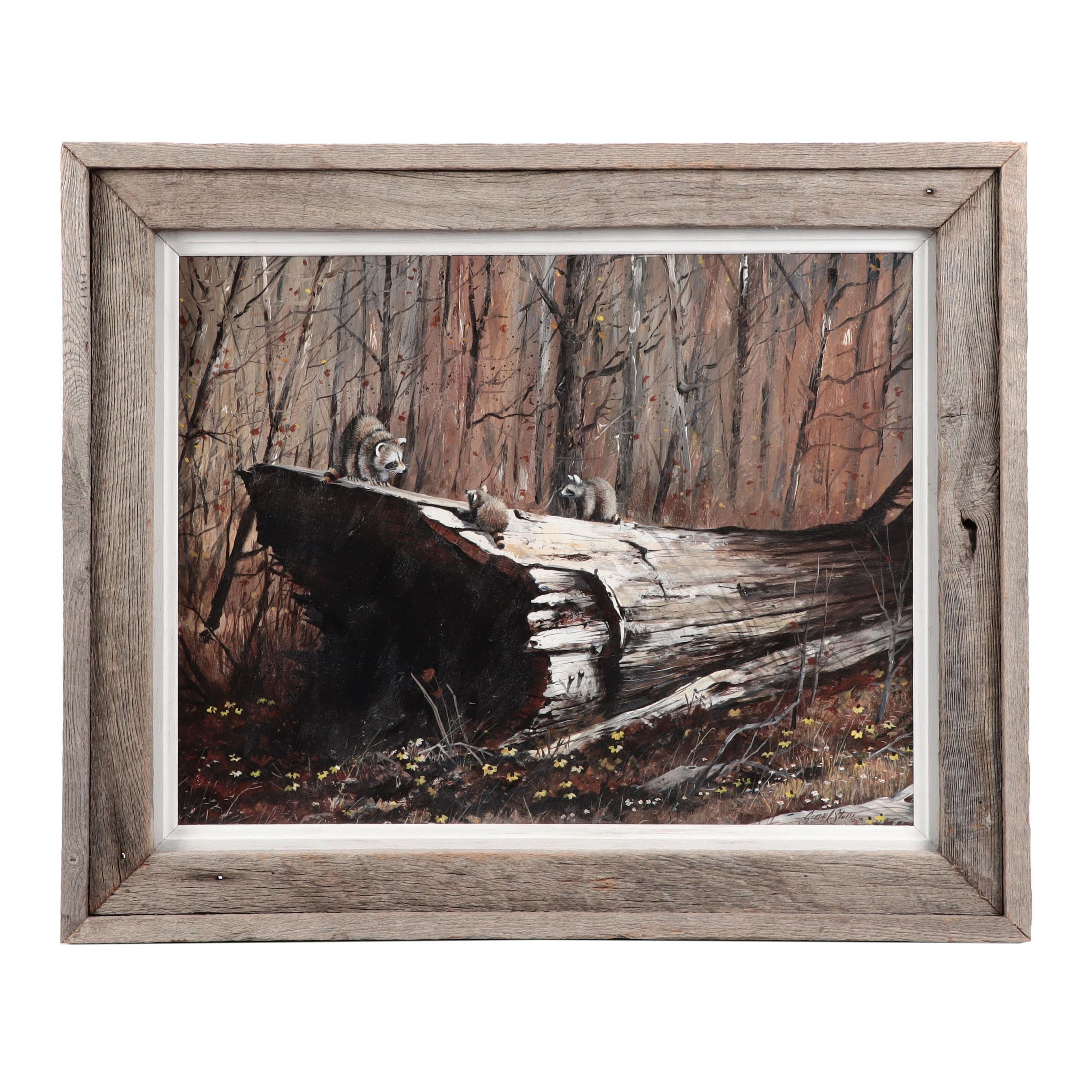 George R Stum Oil Painting Of Raccoons In Forest Ebth