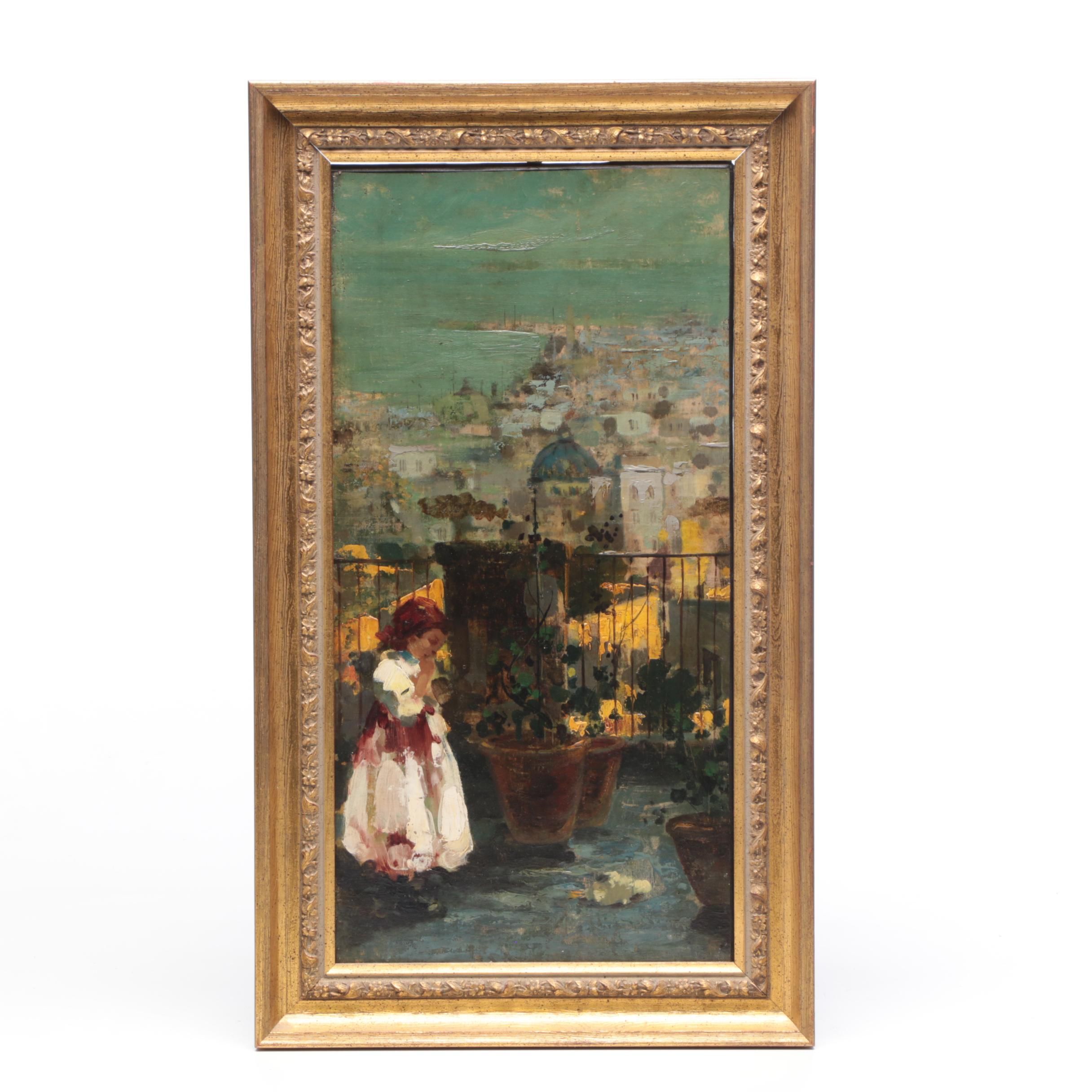 Oil Painting of Girl on Balcony Overlooking City | EBTH