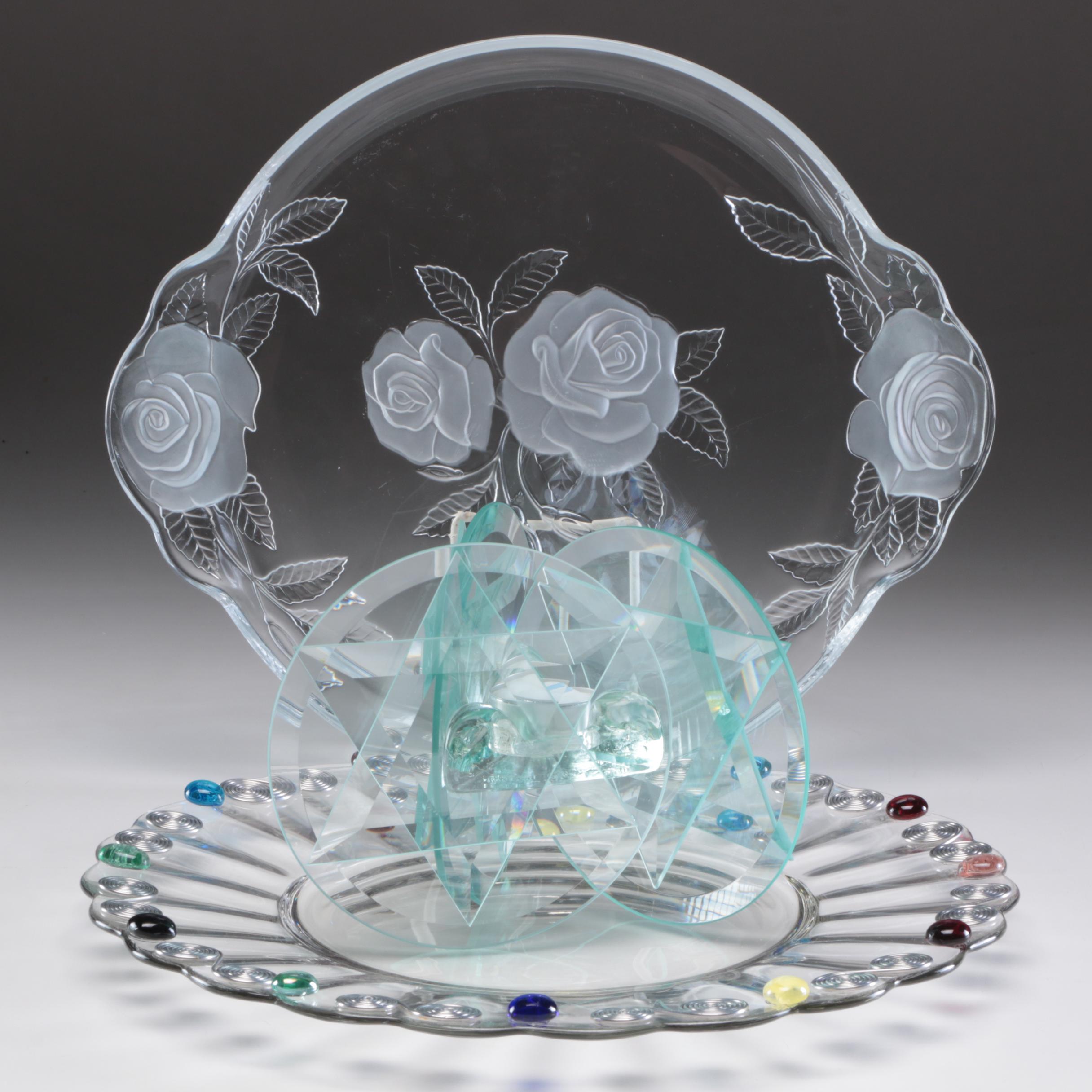 Embellished Glass Serving Tray, Etched Glass Tray and Candle Holders EBTH