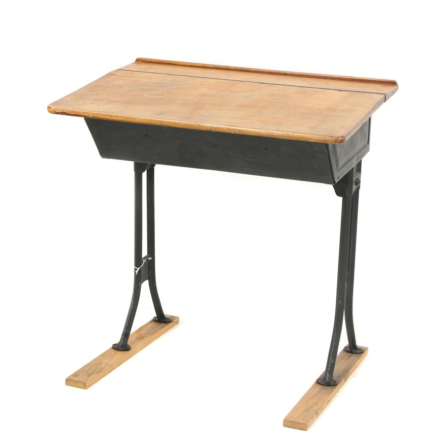 Ebonized Metal And Wood Lift Lid School Desk 20th Century Ebth