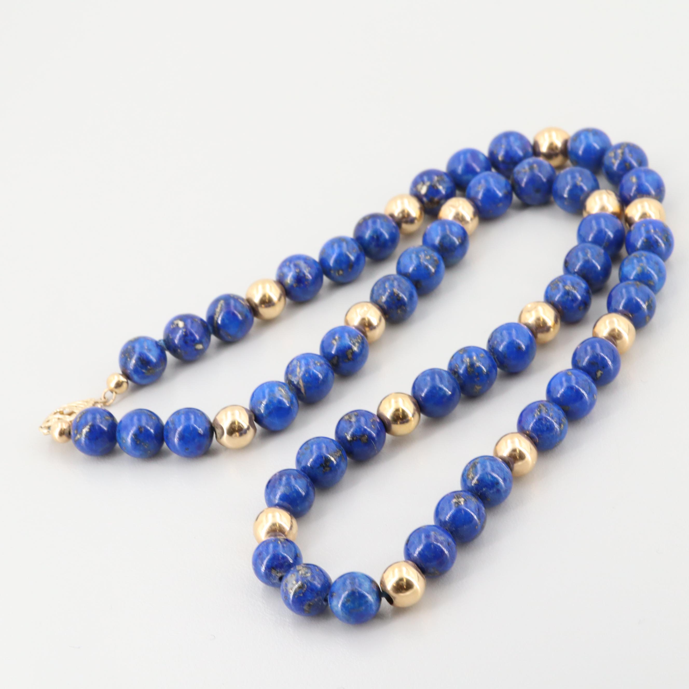 14K Yellow Gold Lapis Lazuli Beaded Necklace | EBTH