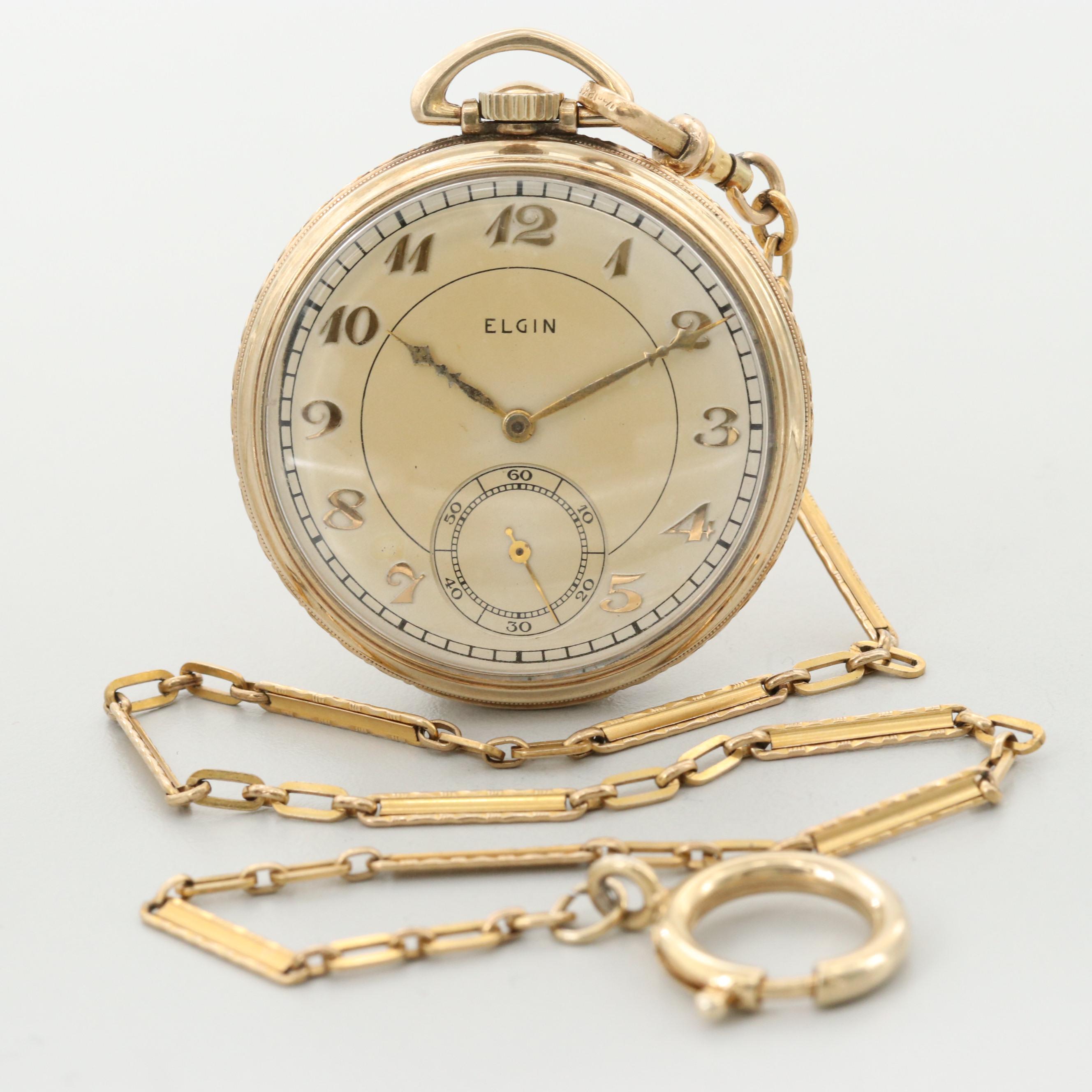 Vintage Elgin 10K Rolled Gold Plate Pocket Watch With Gold Filled Fob