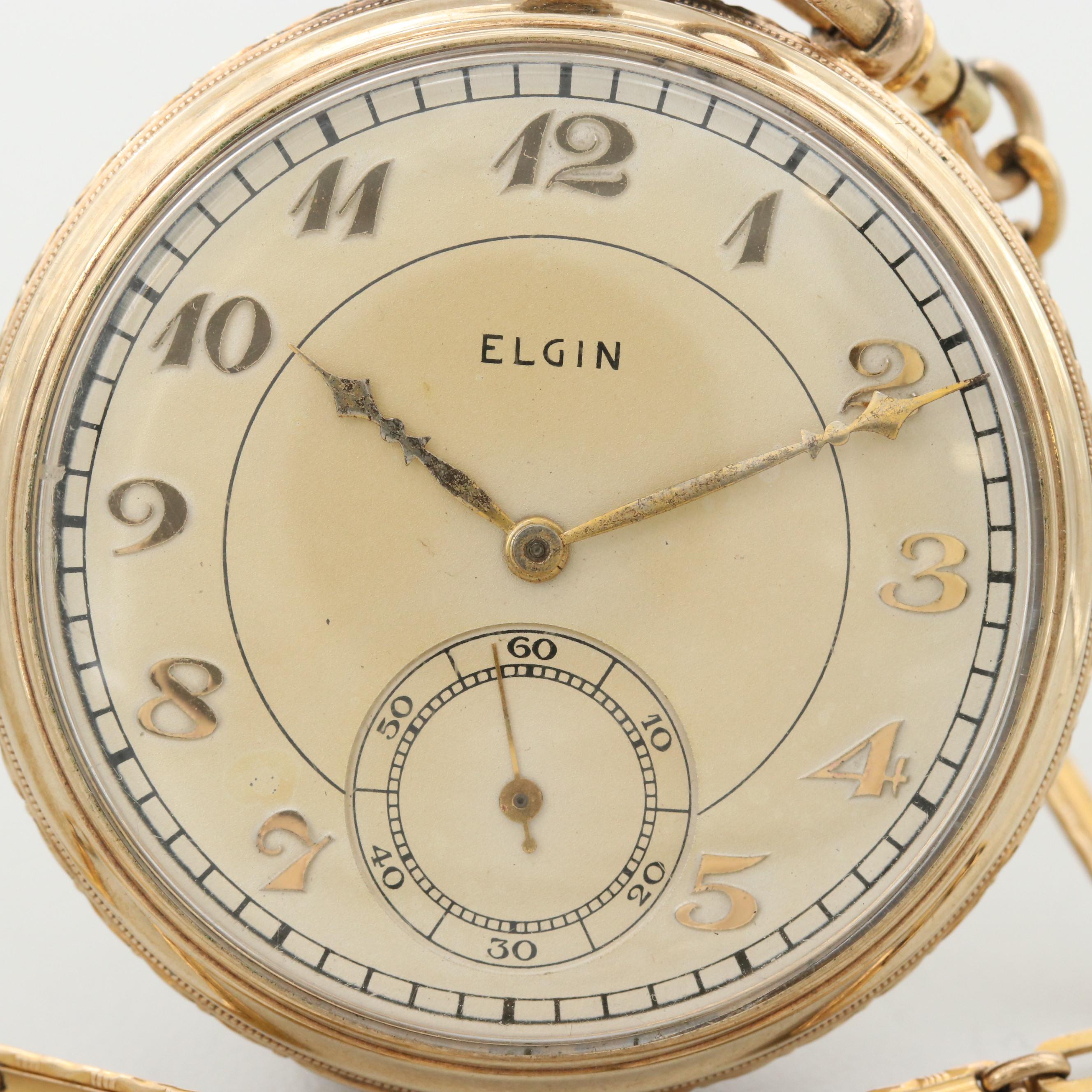 Vintage Elgin 10K Rolled Gold Plate Pocket Watch With Gold Filled Fob