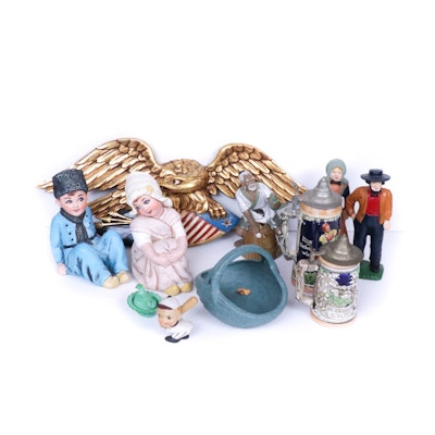Ceramic Steins, Cast Iron Bookends and Ceramic Figurines, Mid-20th Century Ceramic Steins, Cast Iron Bookends and Ceramic Figurines, Mid-20th Century