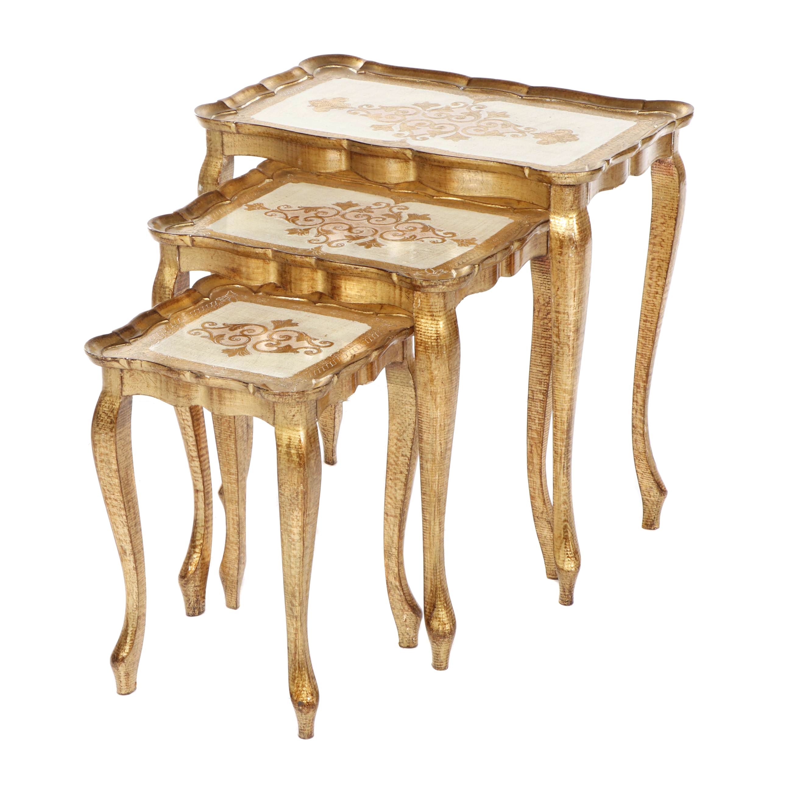 Florentine Gold Tone Painted Wooden Nesting Tables, Set of Three EBTH