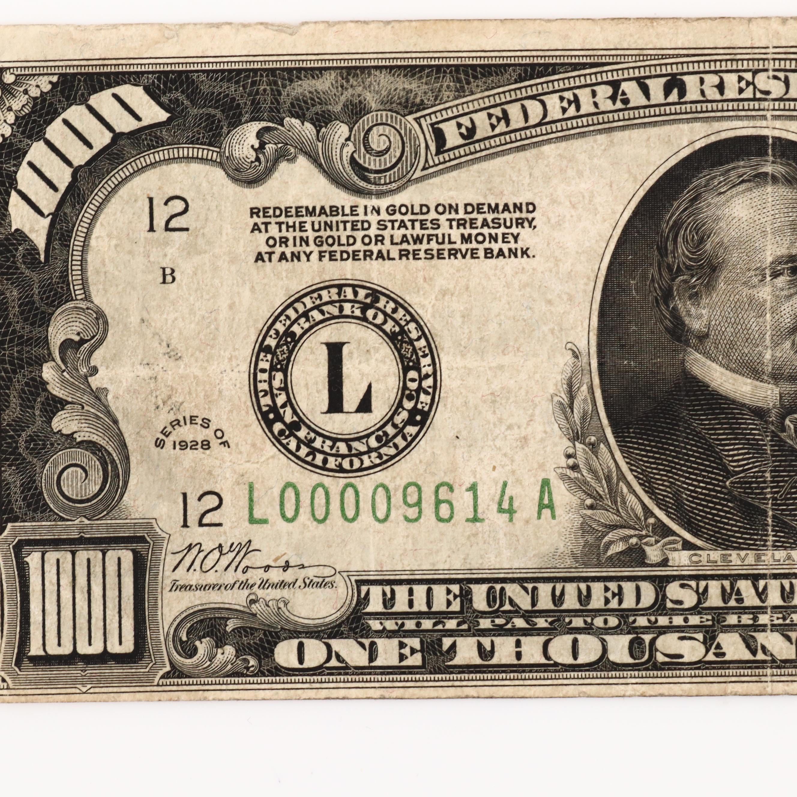 Series Of 1928 U.S. $1000 Federal Reserve Note | EBTH