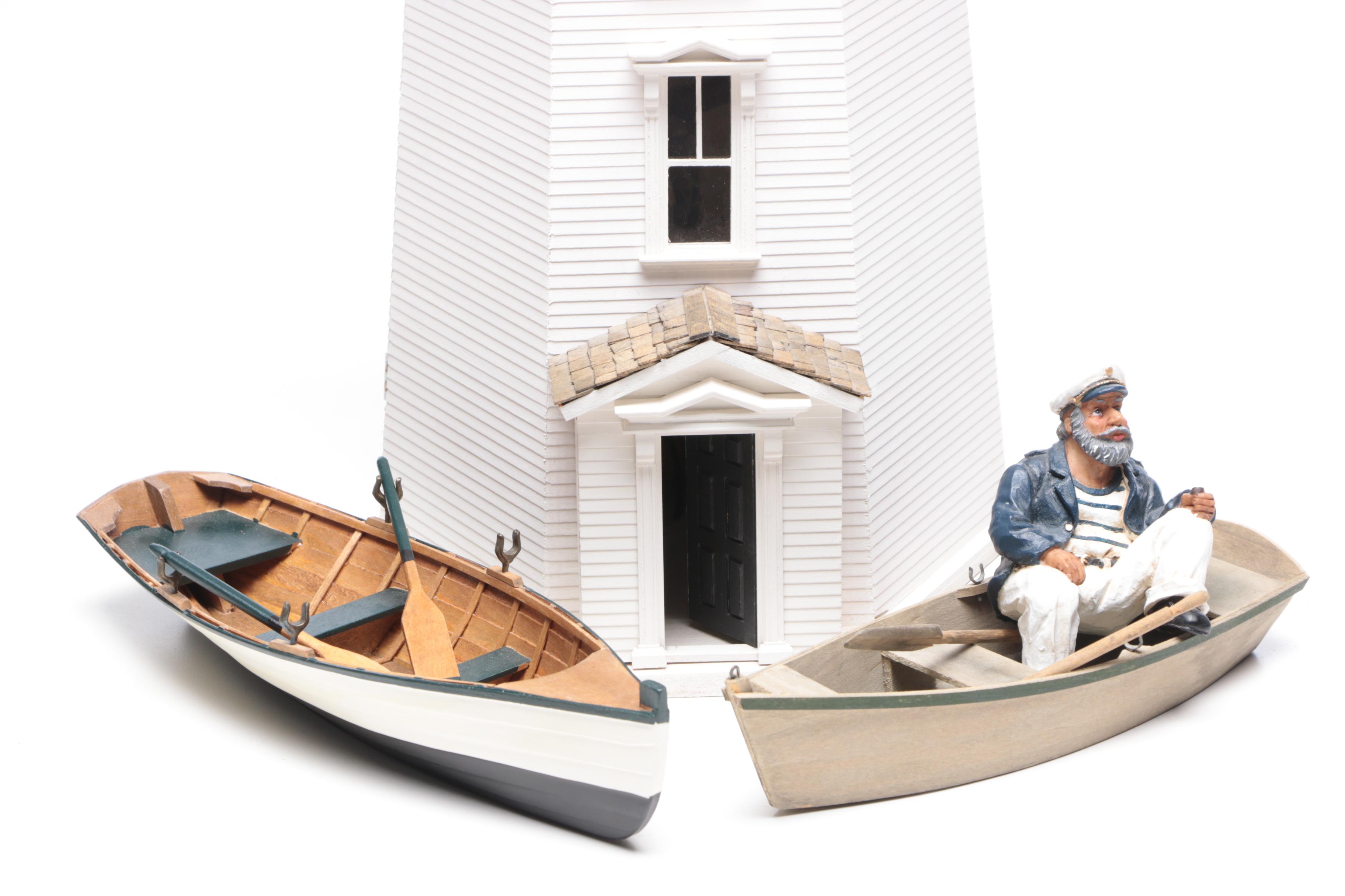 Lighthouse Dollhouse with Miniatures and Decorative Boats, Contemporary