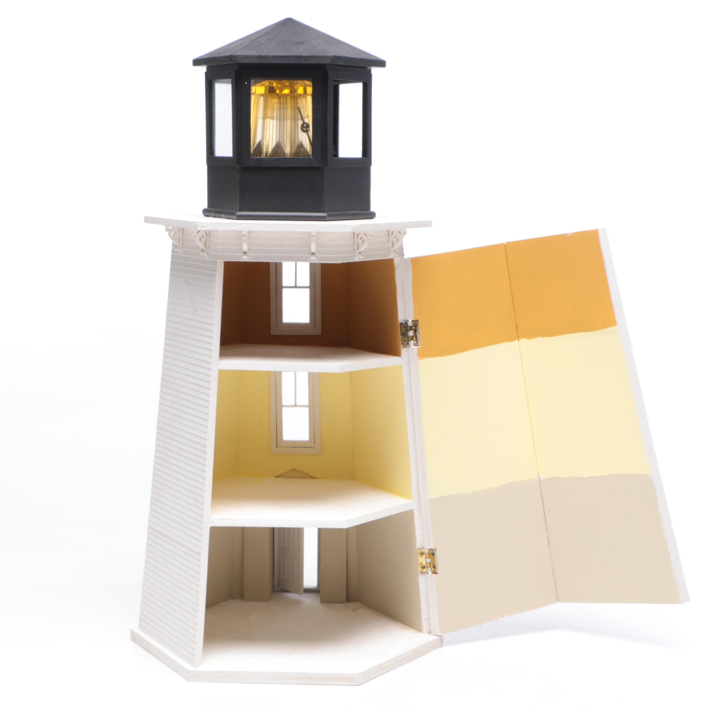 Lighthouse Dollhouse with Miniatures and Decorative Boats, Contemporary