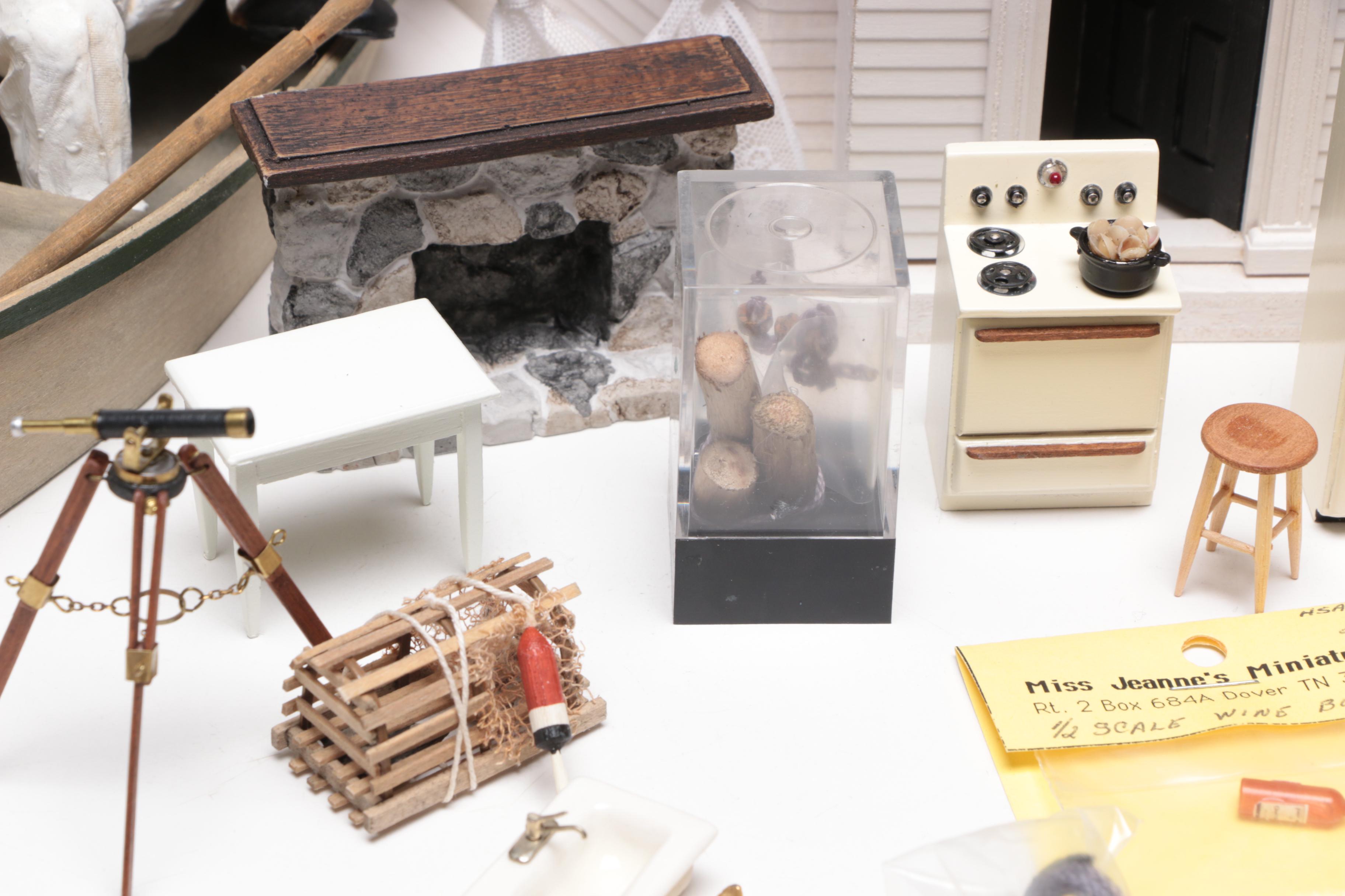 Lighthouse Dollhouse with Miniatures and Decorative Boats, Contemporary