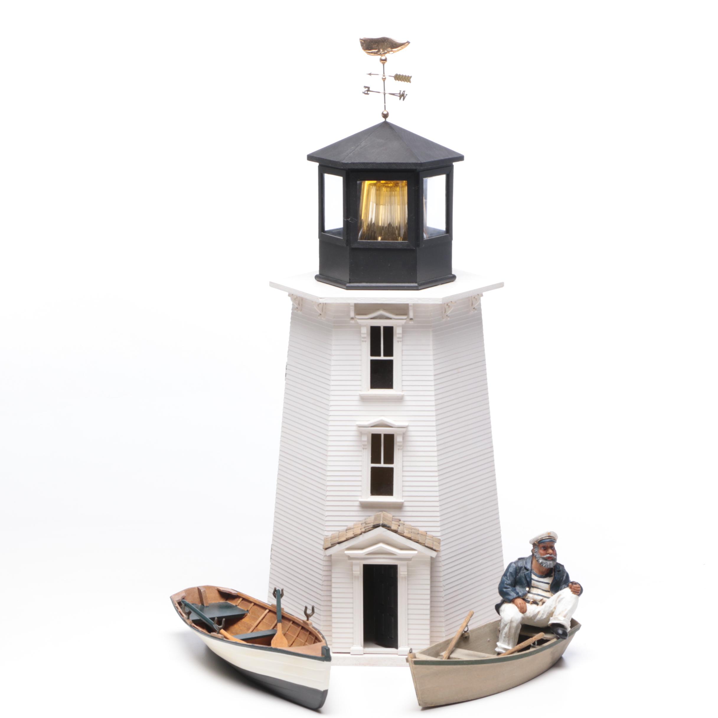 Lighthouse Dollhouse with Miniatures and Decorative Boats, Contemporary
