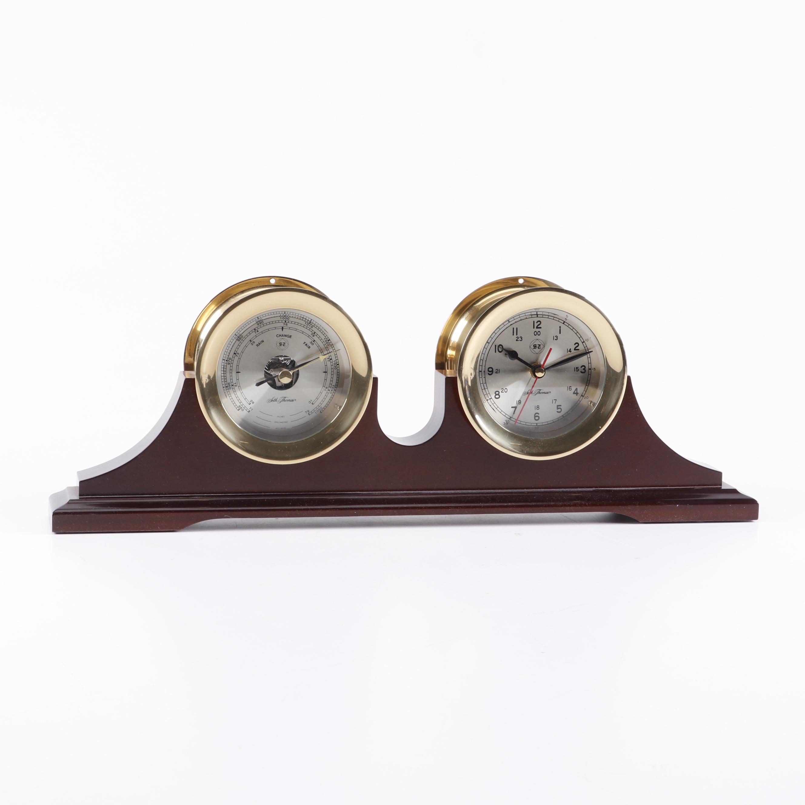 Seth Thomas "Charleston" Brass Ship's Clock and Barometer Set on