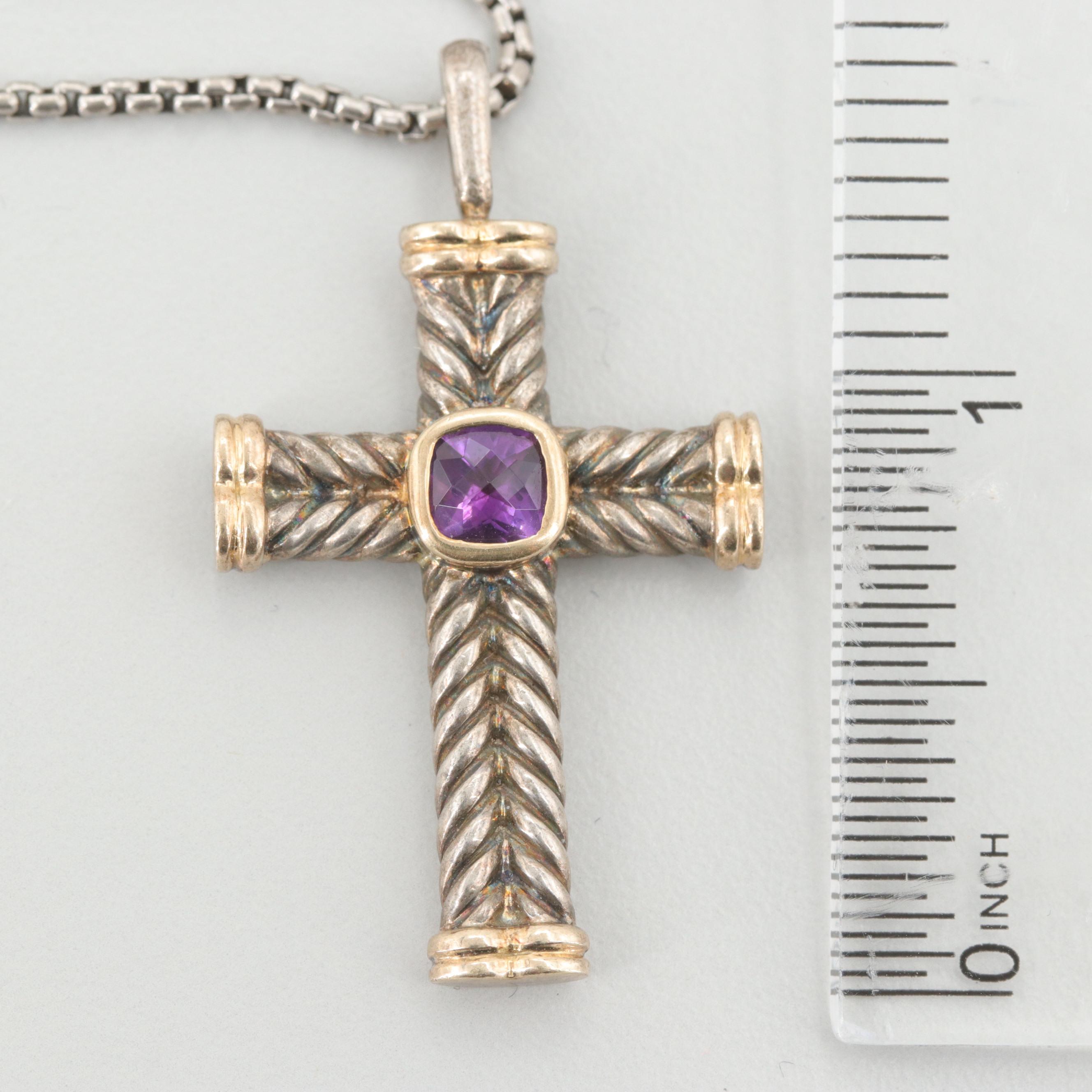 David Yurman Sterling Silver Amethyst Cross Pendant Necklace EBTH