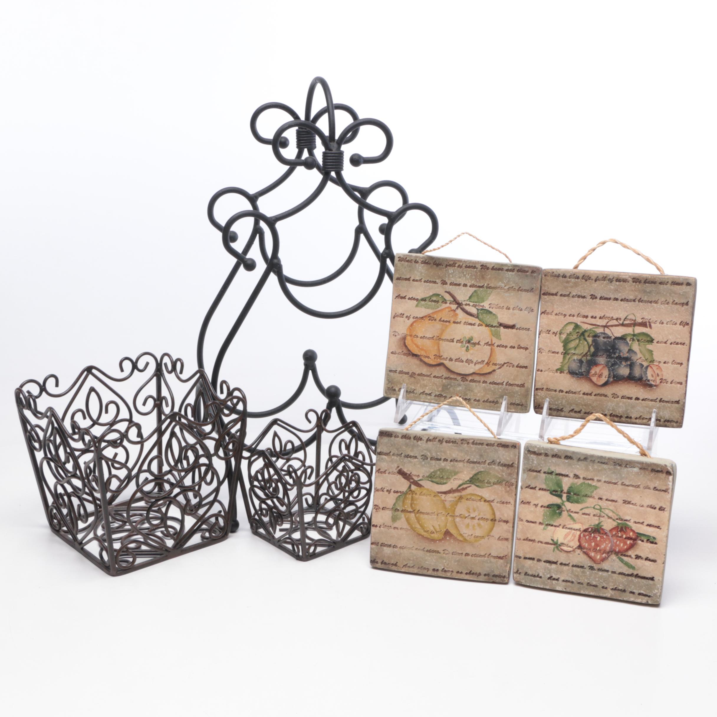 Metal Wine Rack, Decorative Baskets, and Fruit Themed Ceramic Plaques