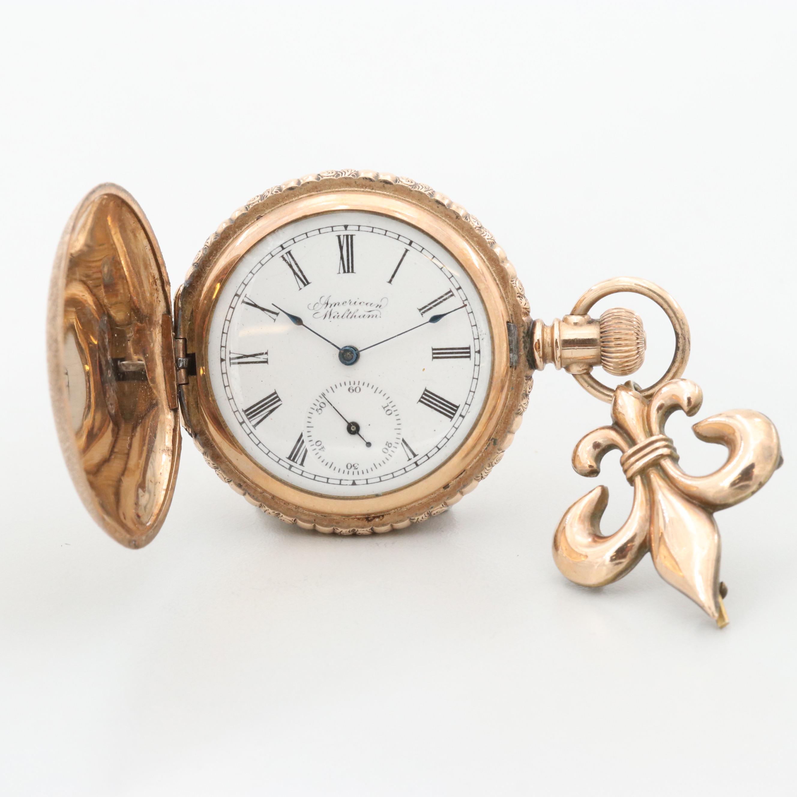 Antique Waltham Gold Filled Pocket Watch With Fleur de Lis Pin, 1900 EBTH
