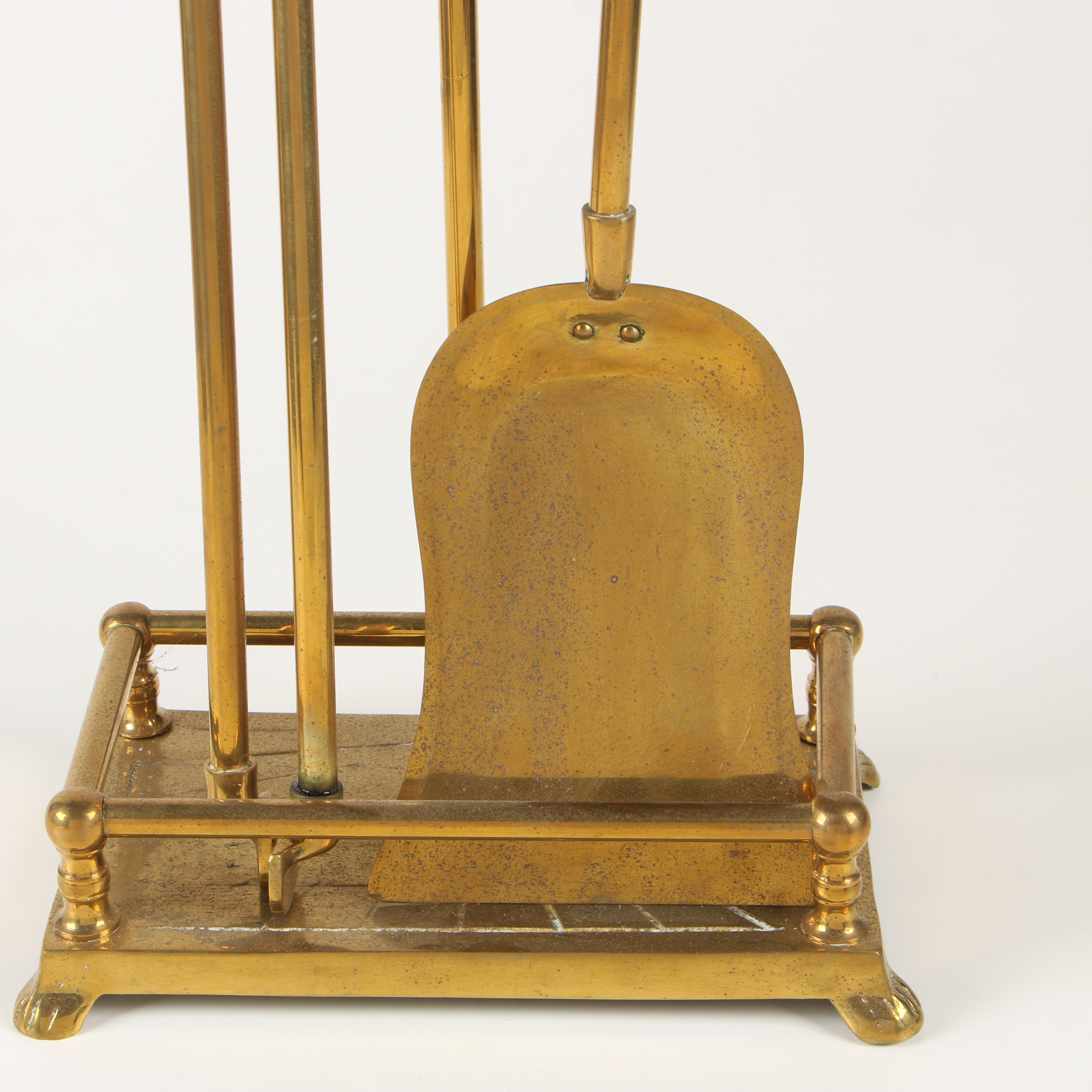Brass Fireplace Tool Holder with Tongs and Ash Shovel | EBTH