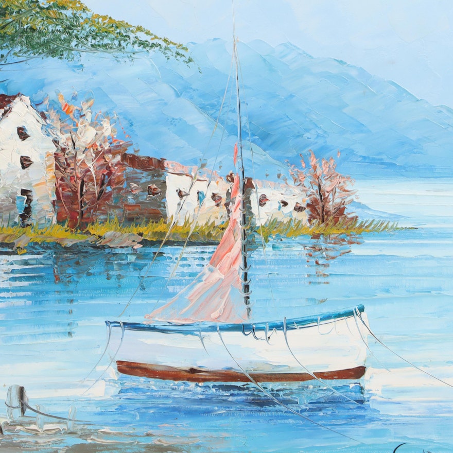 Oil Painting of Mediterranean Harbor Scene | EBTH