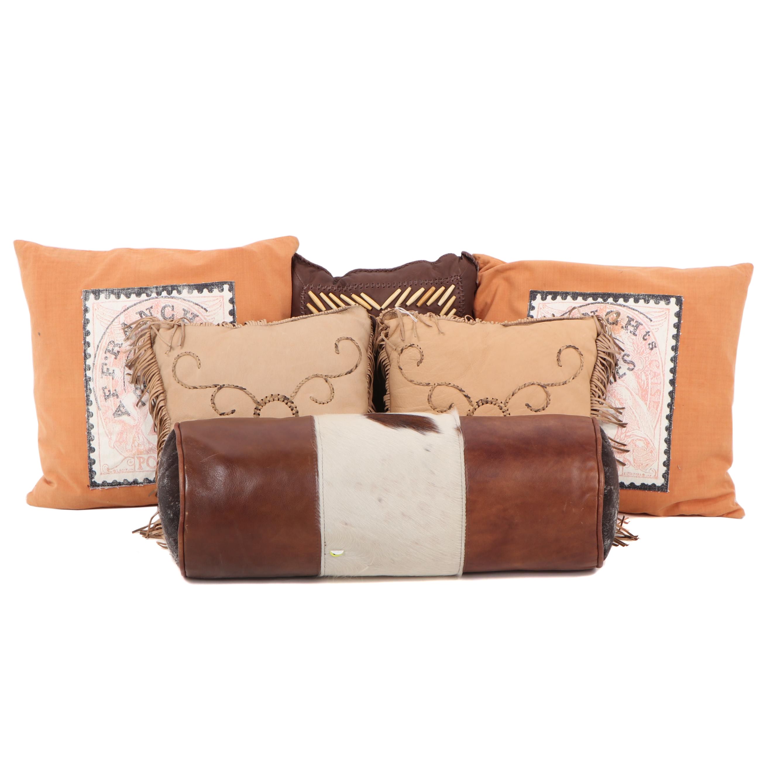 Round Cowhide And Leather Bolster Pillow And Other Accent Pillows