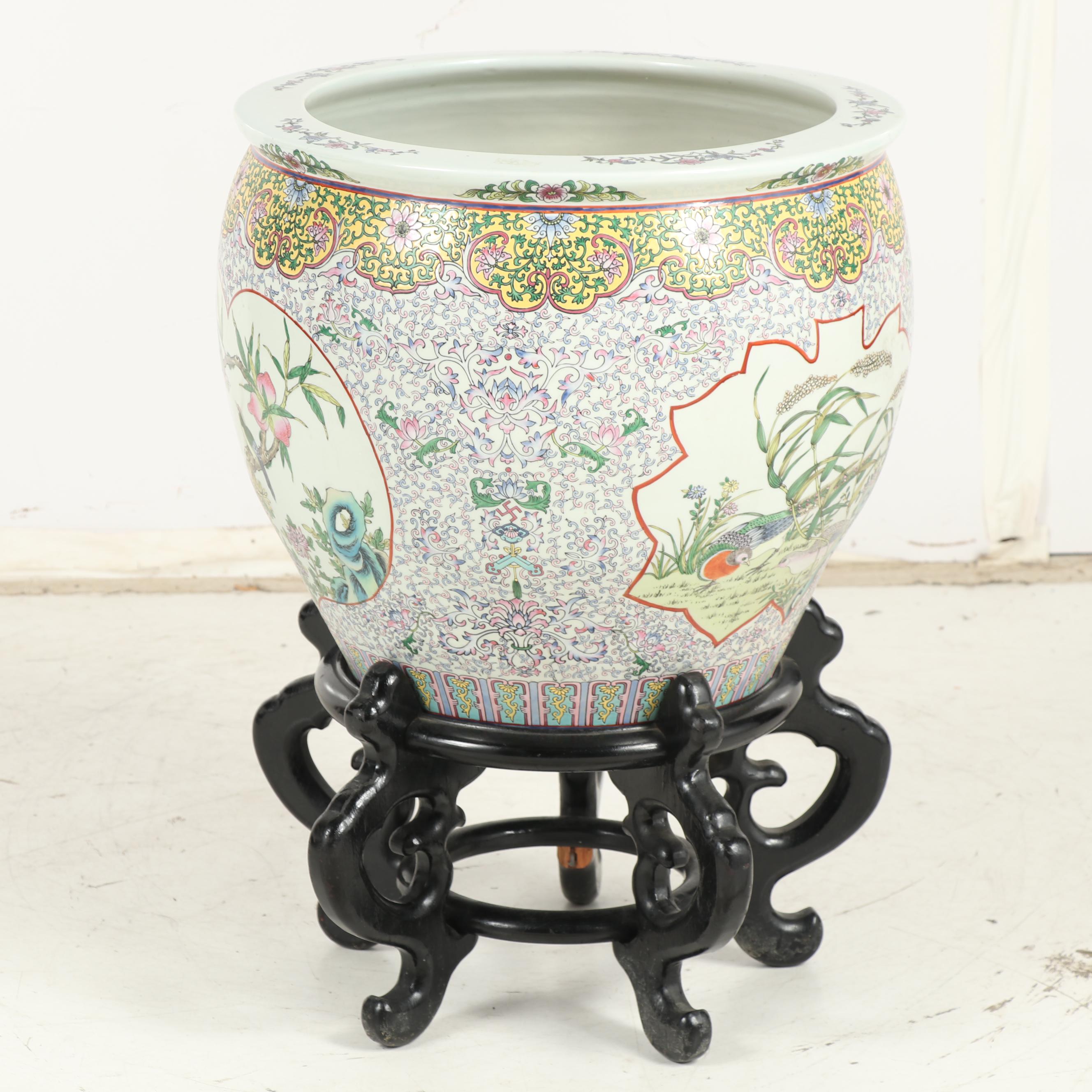 Oversized Chinese Ceramic Fish Bowl Planter with Wooden Base EBTH