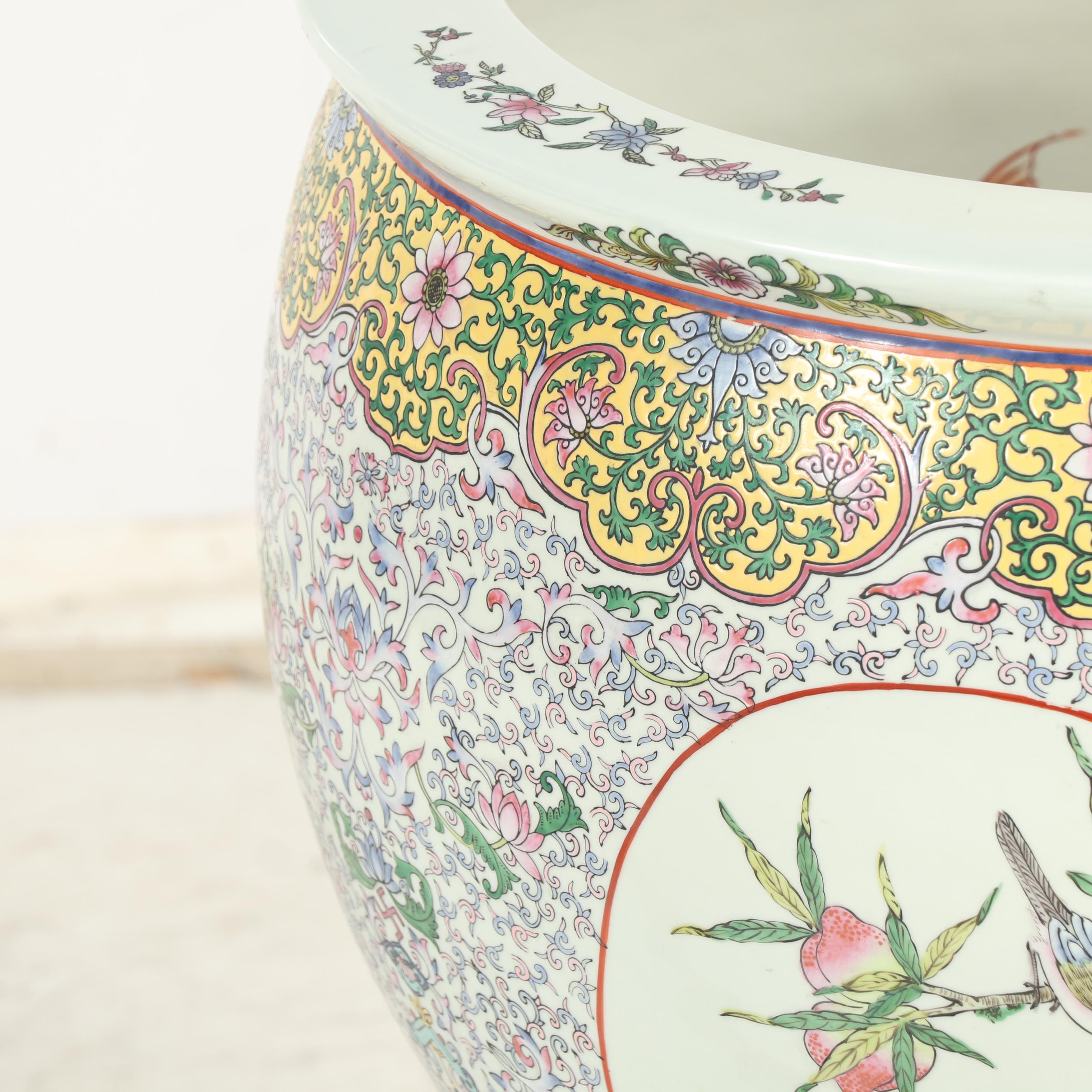 Oversized Chinese Ceramic Fish Bowl Planter with Wooden Base EBTH