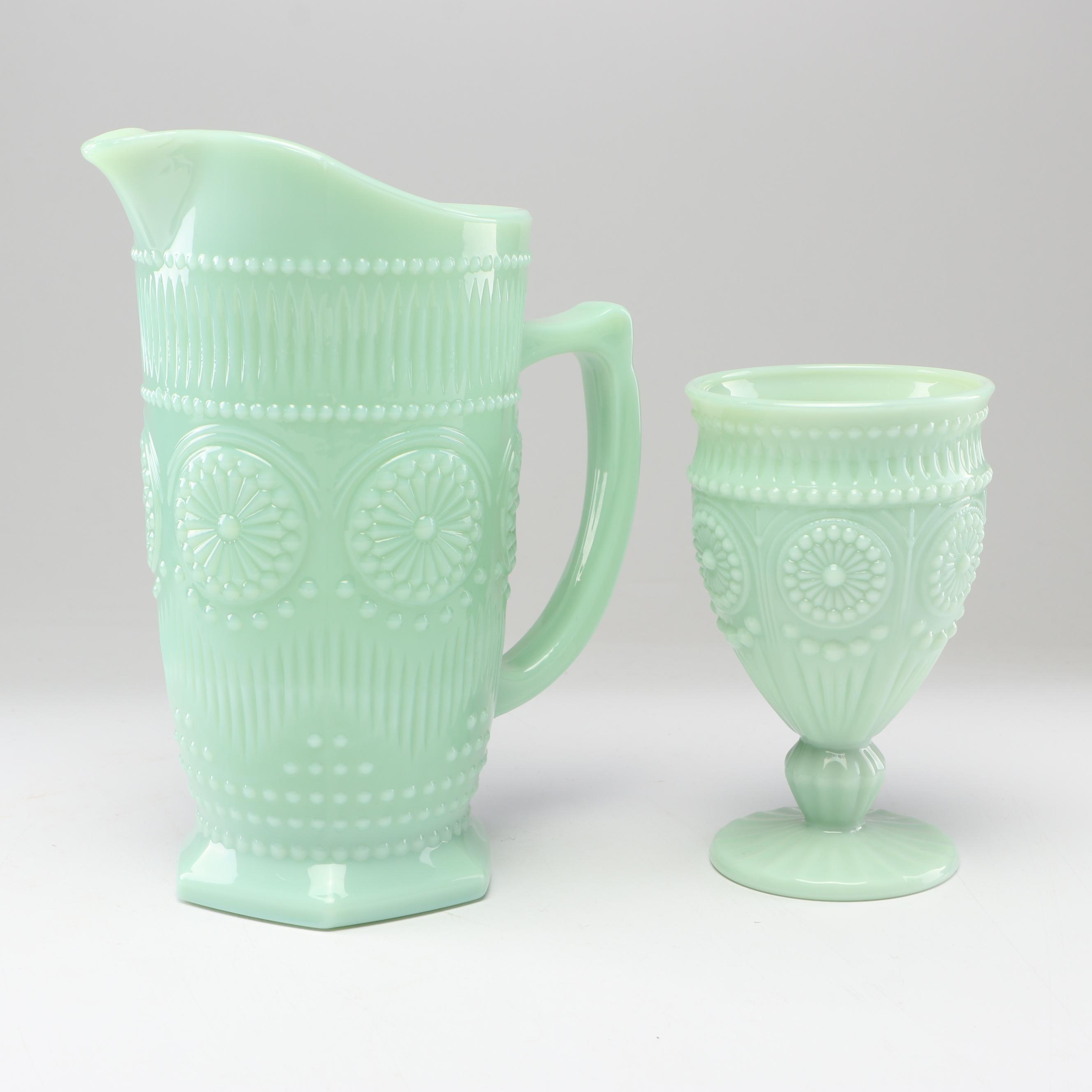 Pioneer Woman "Adeline" Jadeite Glass Water Goblets and Pitcher EBTH