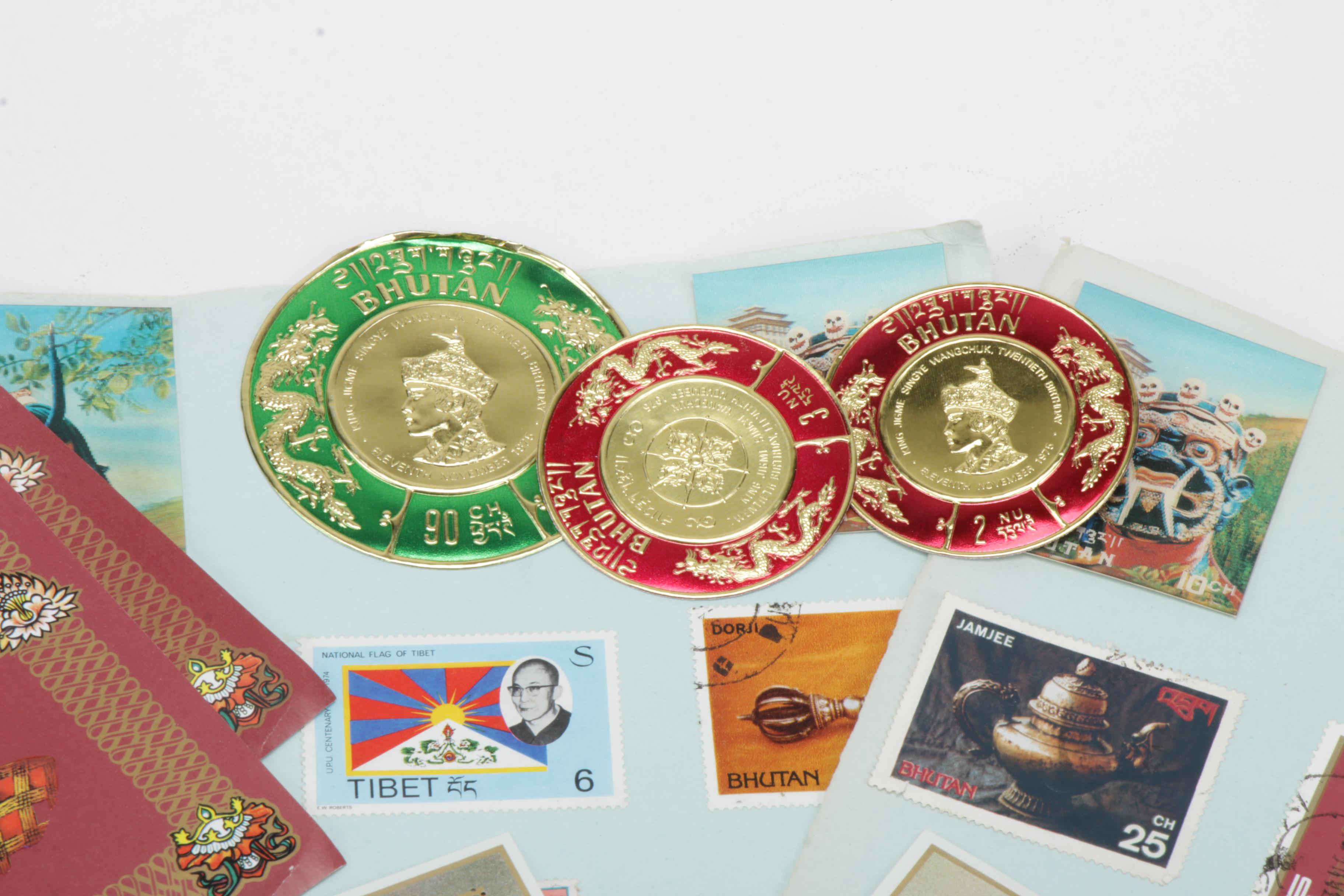 Bhutan Tibetan Embossed Foil and Pictorial Stamp Collection EBTH