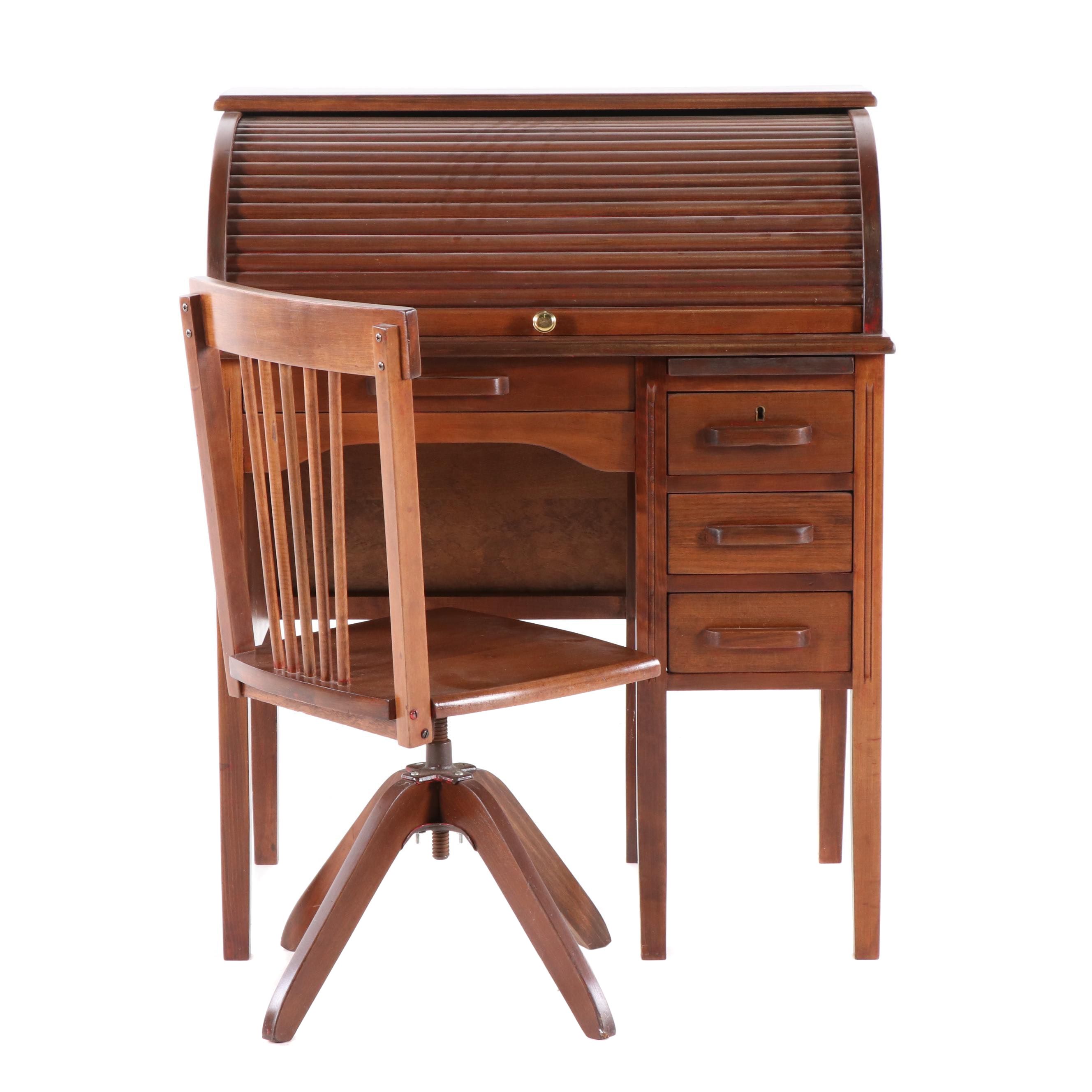 Walnut Finish Wooden Roll Top Student Desk With Swivel Chair Ebth