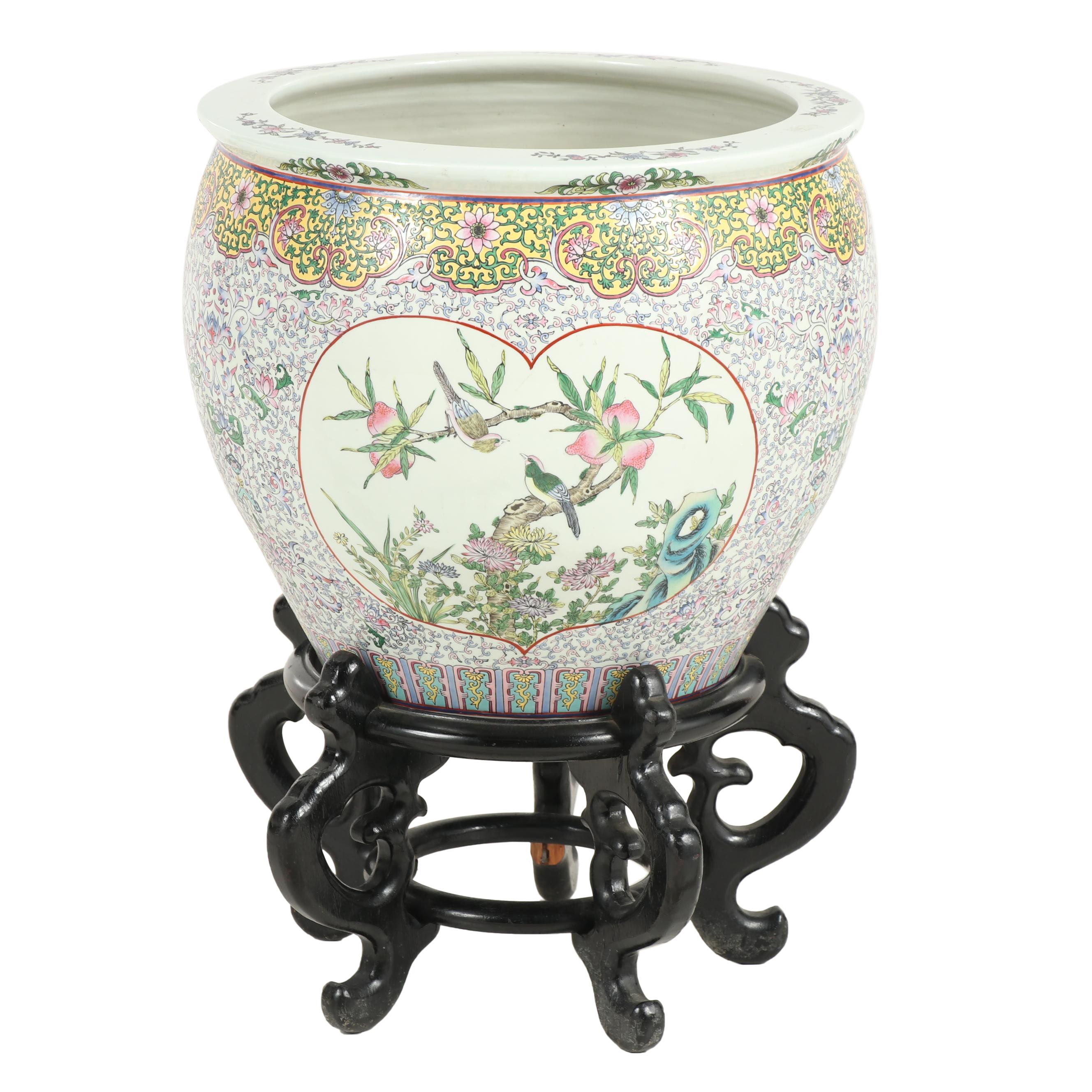 Oversized Chinese Ceramic Fish Bowl Planter with Wooden Base EBTH