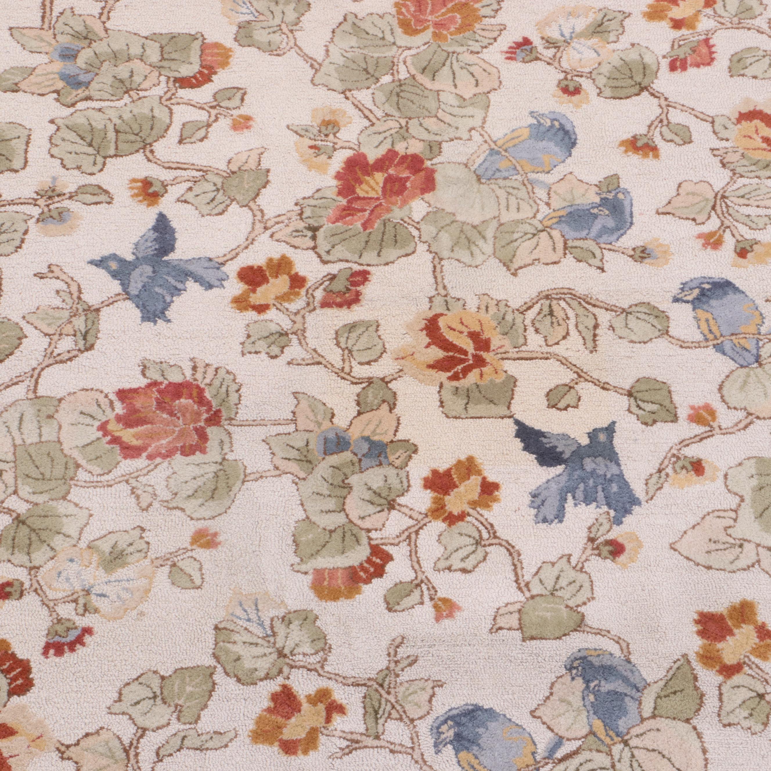 Pottery Barn Woolmark "Bird Floral" Indian Loop Pile Wool Area Rug EBTH