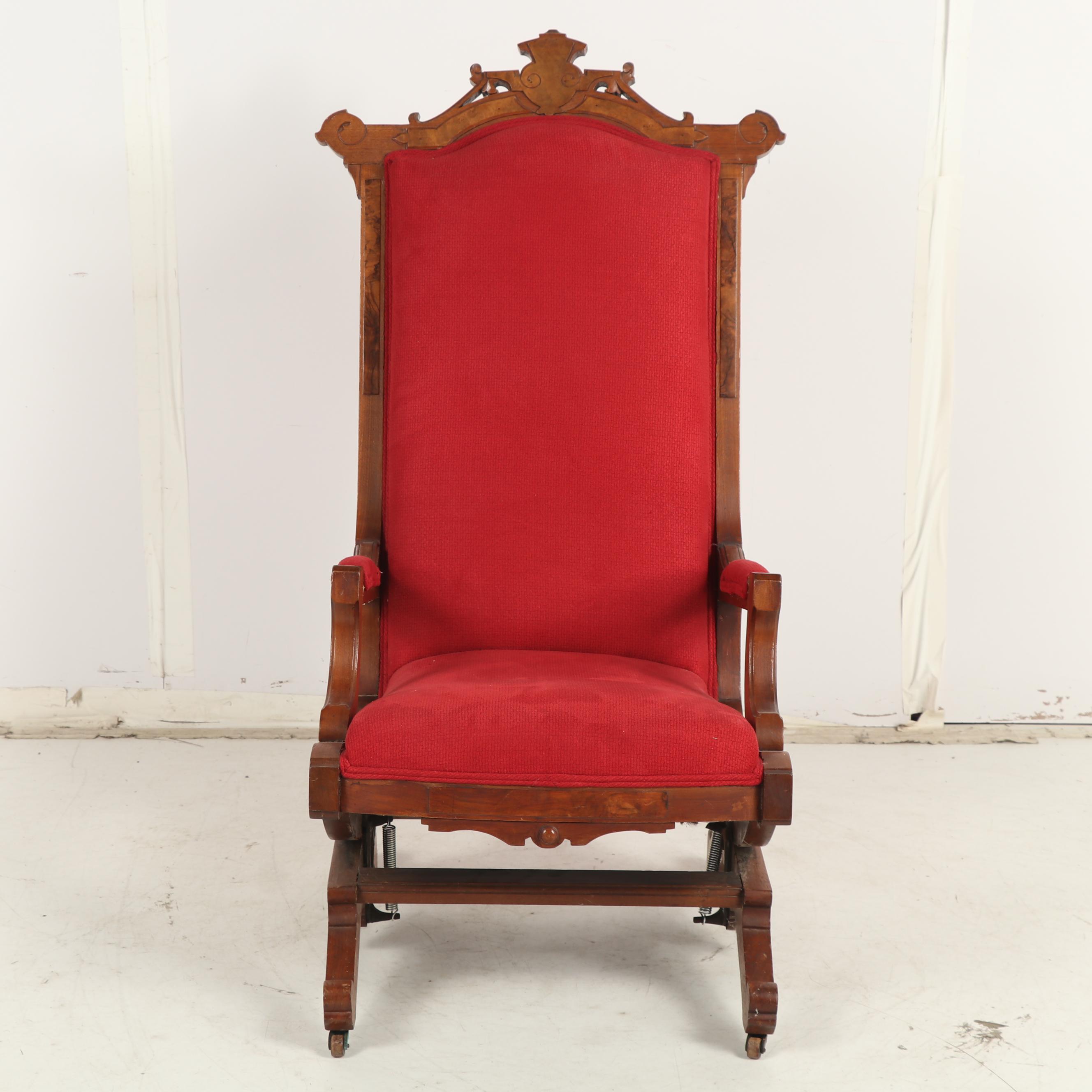 Victorian, Eastlake Style Walnut Upholstered Platform Rocking Chair