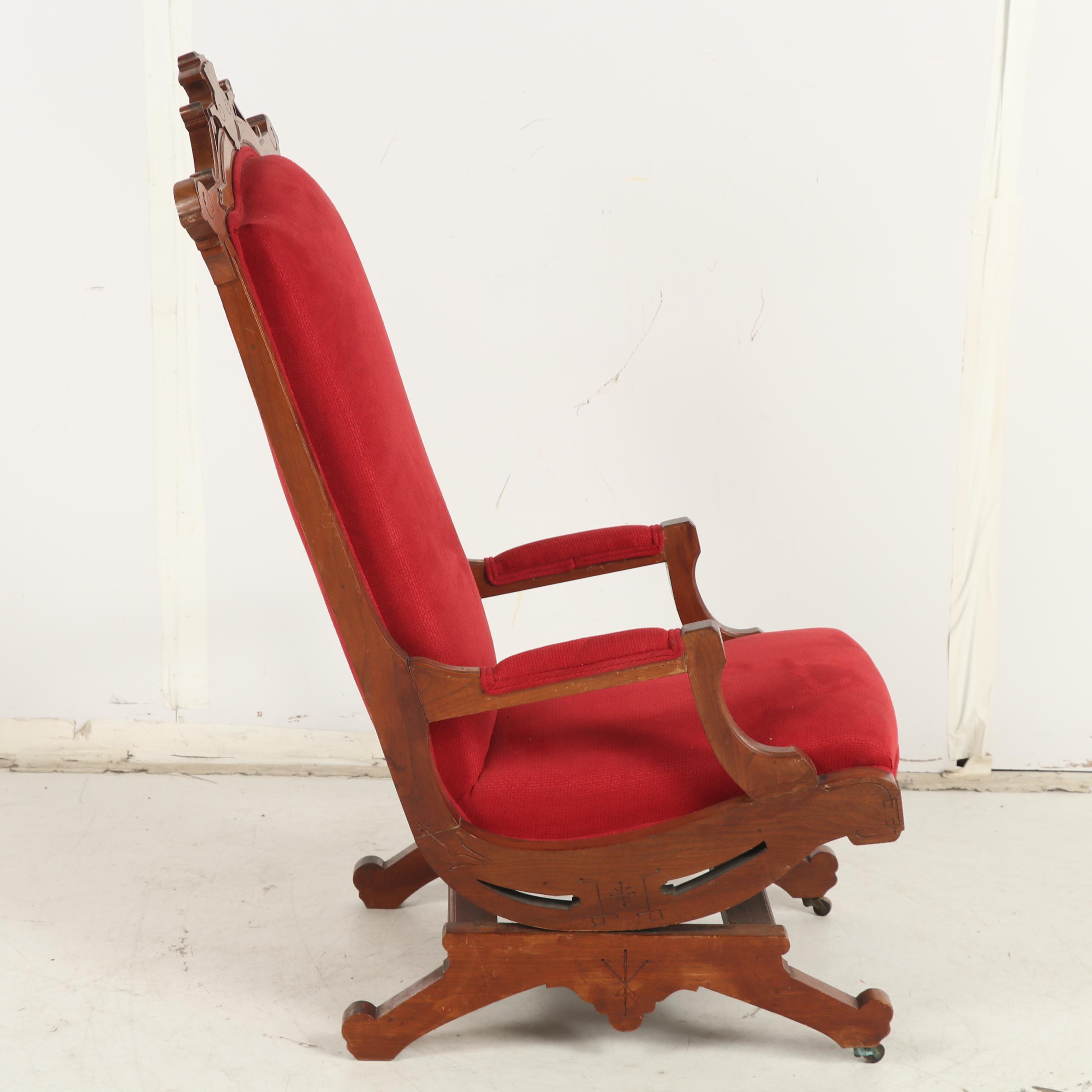 Victorian, Eastlake Style Walnut Upholstered Platform Rocking Chair