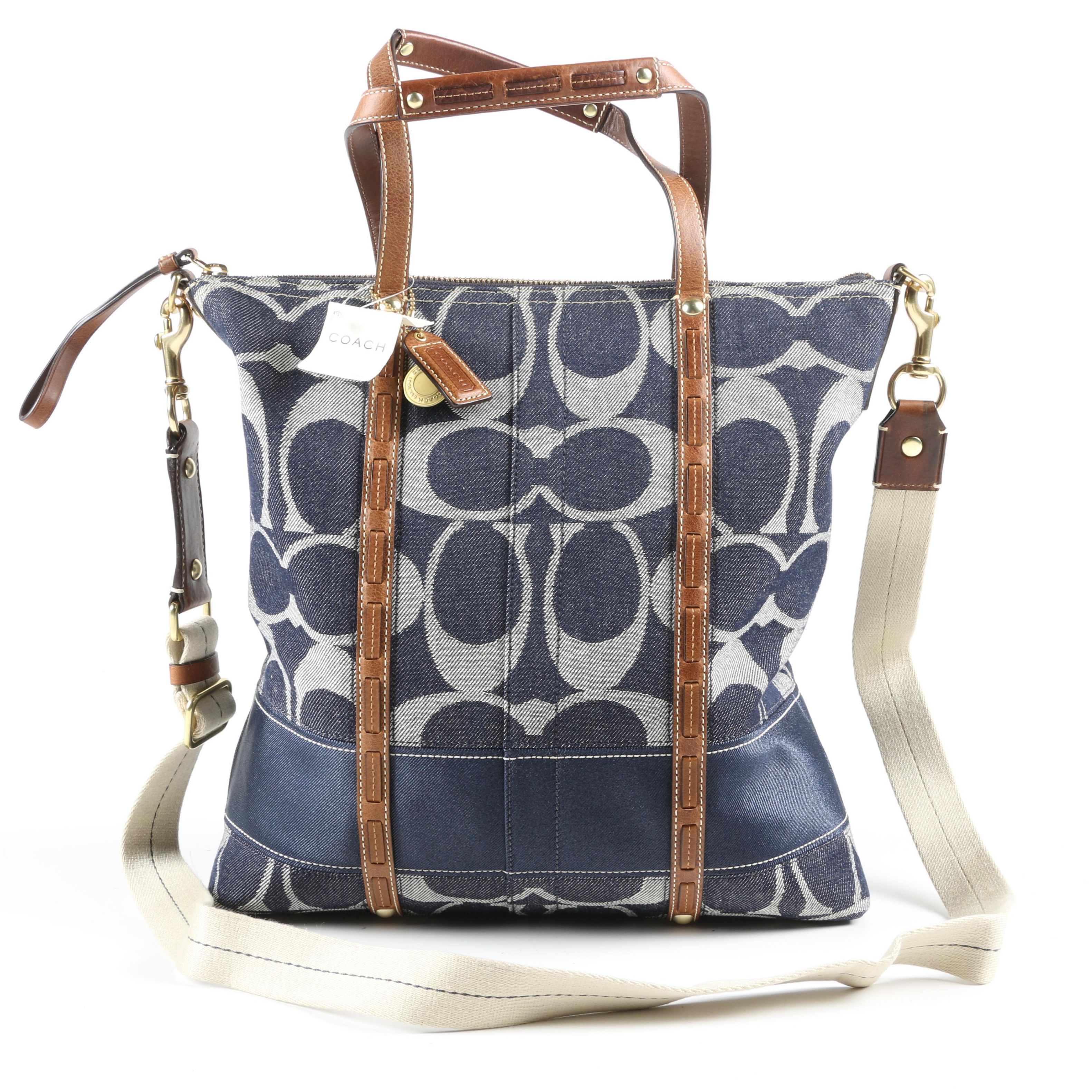 Coach Denim Signature Stripe Magazine Tote Trimmed in Leather EBTH
